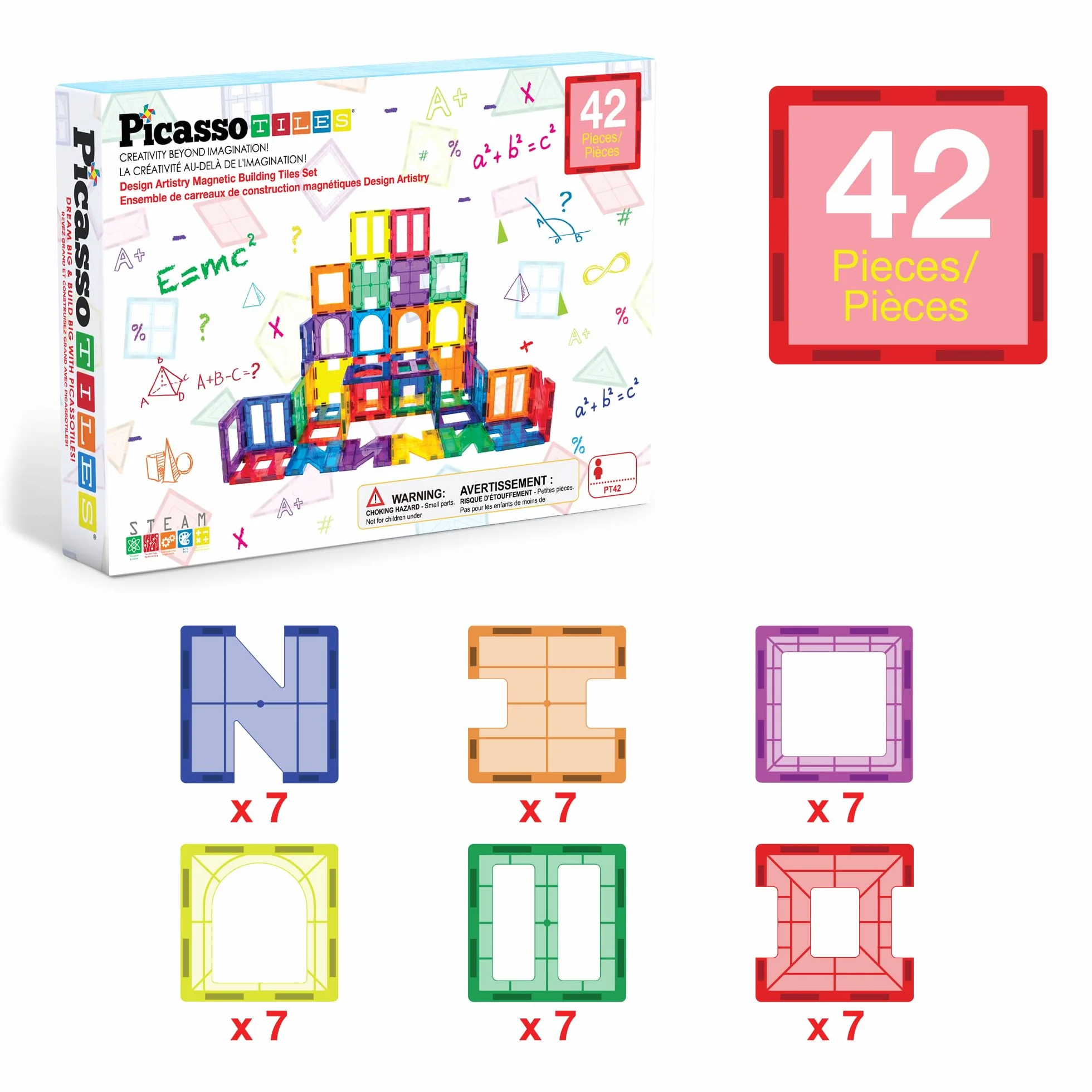 PicassoTiles PT42 Designer Artistry Kit 42 szt. Zestaw magnesów Building Tiles Clear Color Magnetic 3D Building Block - Kreatywność poza wyobraźnią! Edukacyjne, inspirujące, konwencjonalne,
