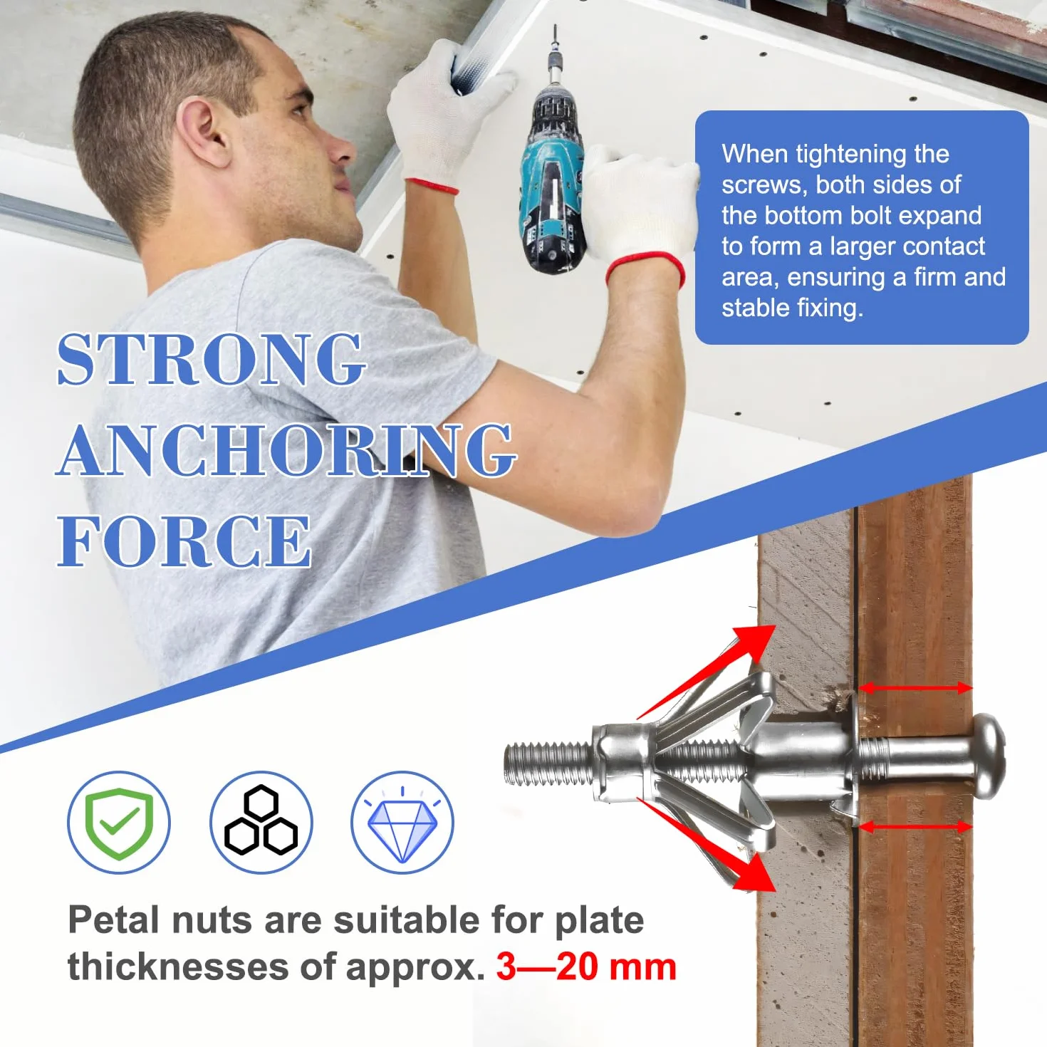 30 sztuk kołków rozporowych ze stali węglowej Typ Petal śruby ocynkowane zestaw kołków rozporowych M6 x 52 mm kołki rozporowe bardzo mocne kołki ścienne metalowe do ścian, ścian i płyt drewnianych,