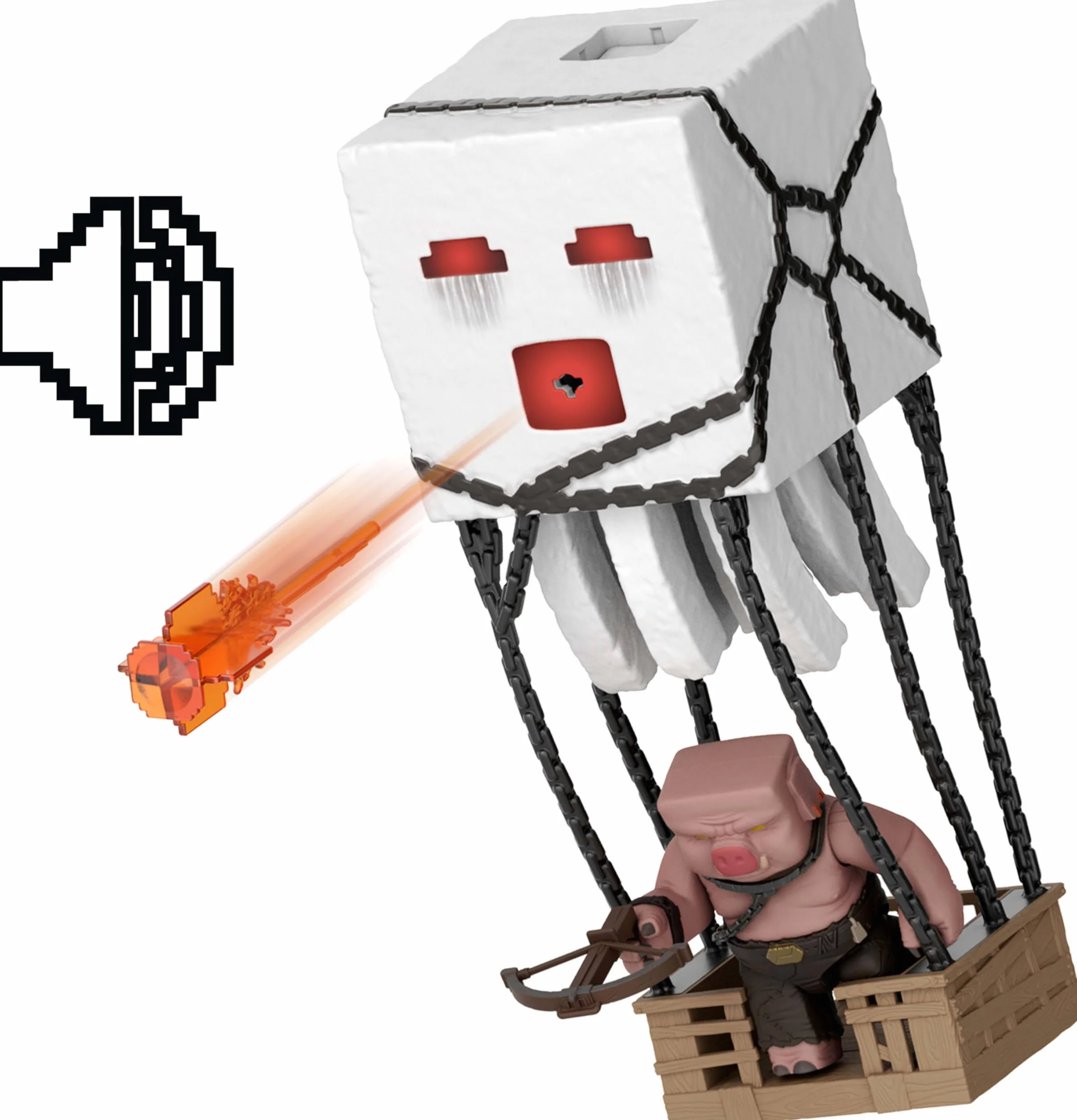 Mattel Minecraft Movie Atakujący Ghast z pociskiem Zestaw ze światłami, dźwiękami, wyrzutnią i pociskiem oraz figurka Piglin Wojownik, interaktywna zabawka inspirowana filmem, JFB69
