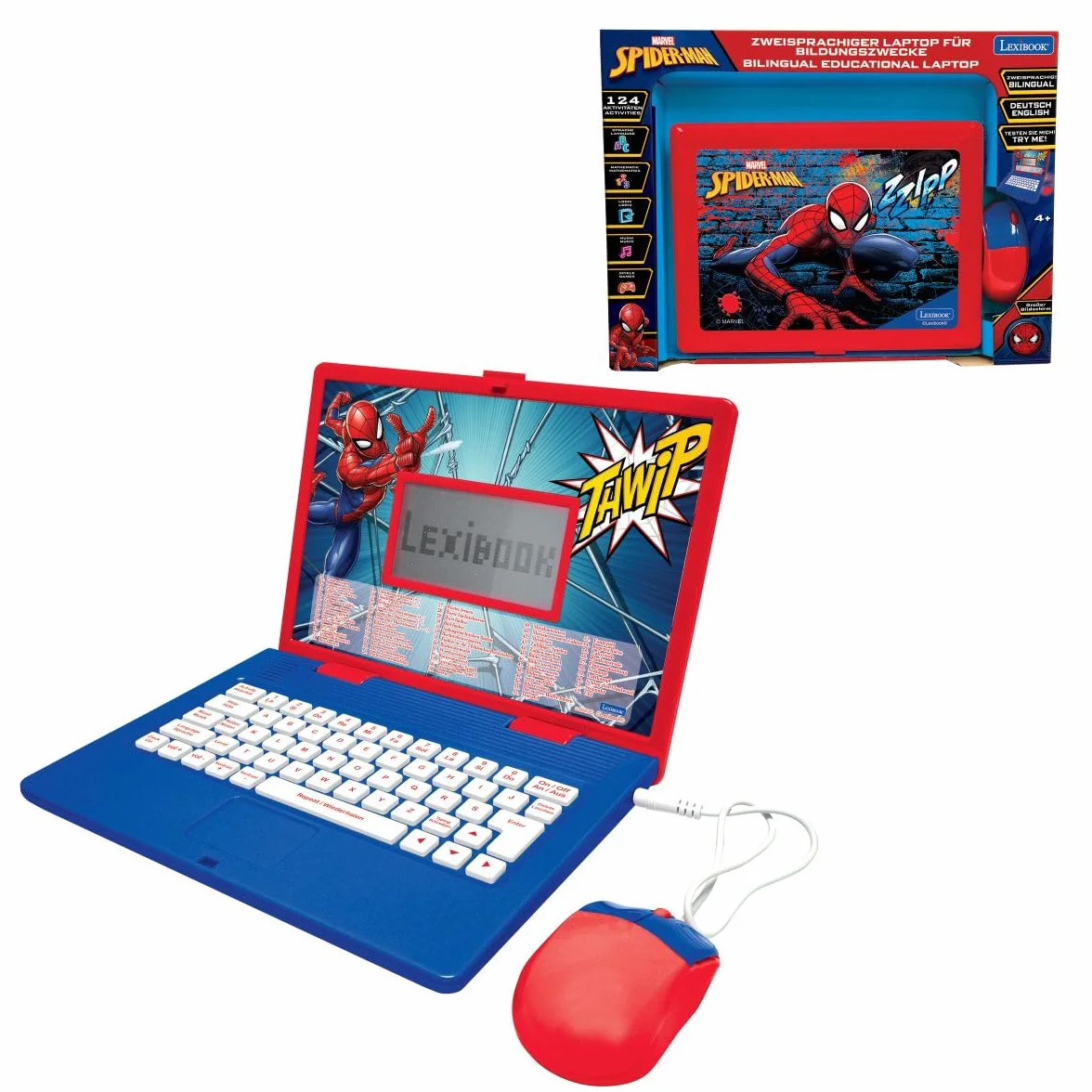 Lexibook JC598SPi3 Spider-Man Dwujęzyczny Laptop do Celów Edukacyjnych Angielski i Niemiecki, 124 Aktywności, Matematyka, Logika, Muzyka, Zegar, Gry, Zabawka dla Dzieci (Dziewczynki i Chłopcy),