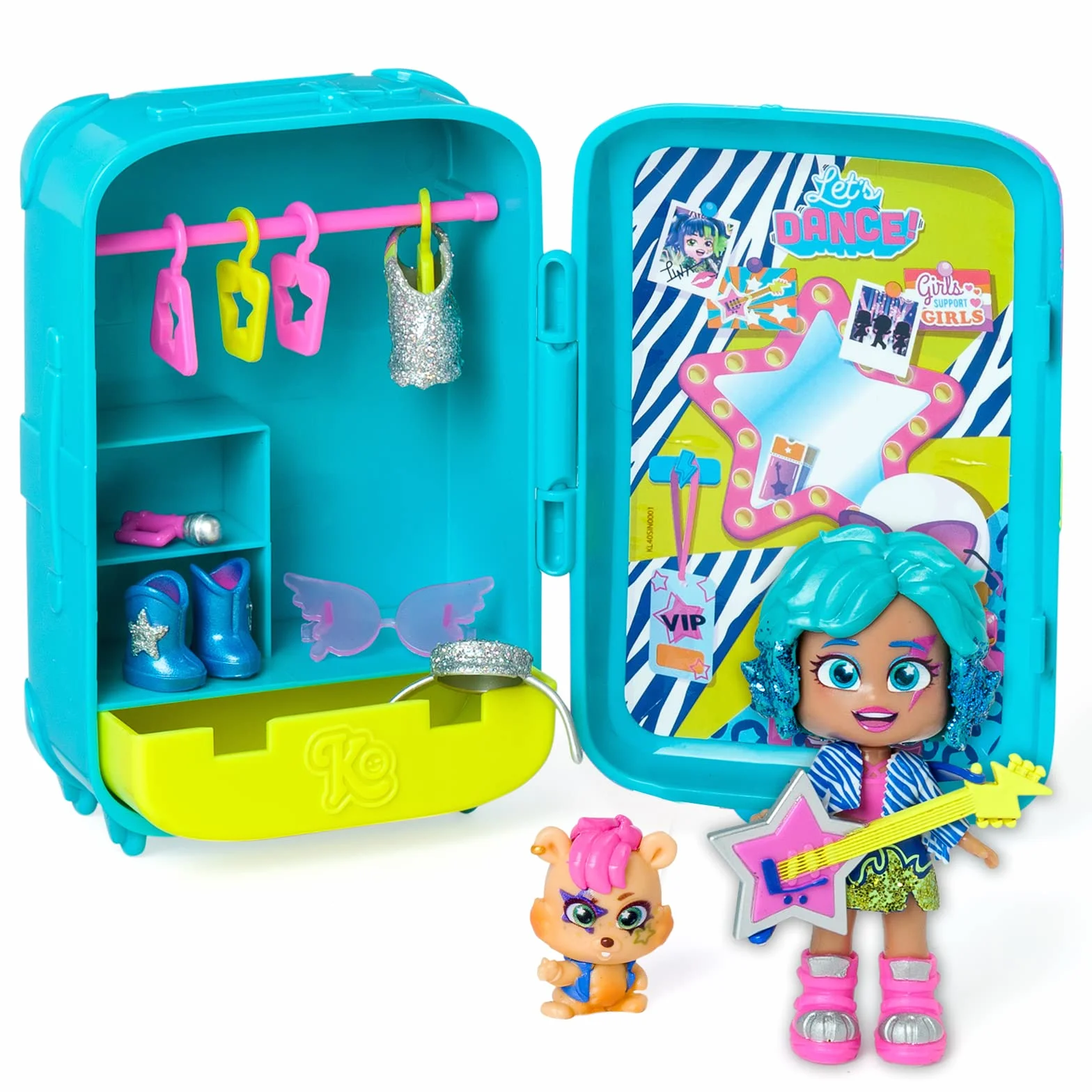 KookyLoos Suzie Q´s Suitcase, walizka dla lalek z ponad 14 akcesoriami modowymi i ekskluzywną lalką z 3 zabawnymi wyrazami, w zestawie ubrania, akcesoria i buty, wieszaki i ekskluzywne zwierzę