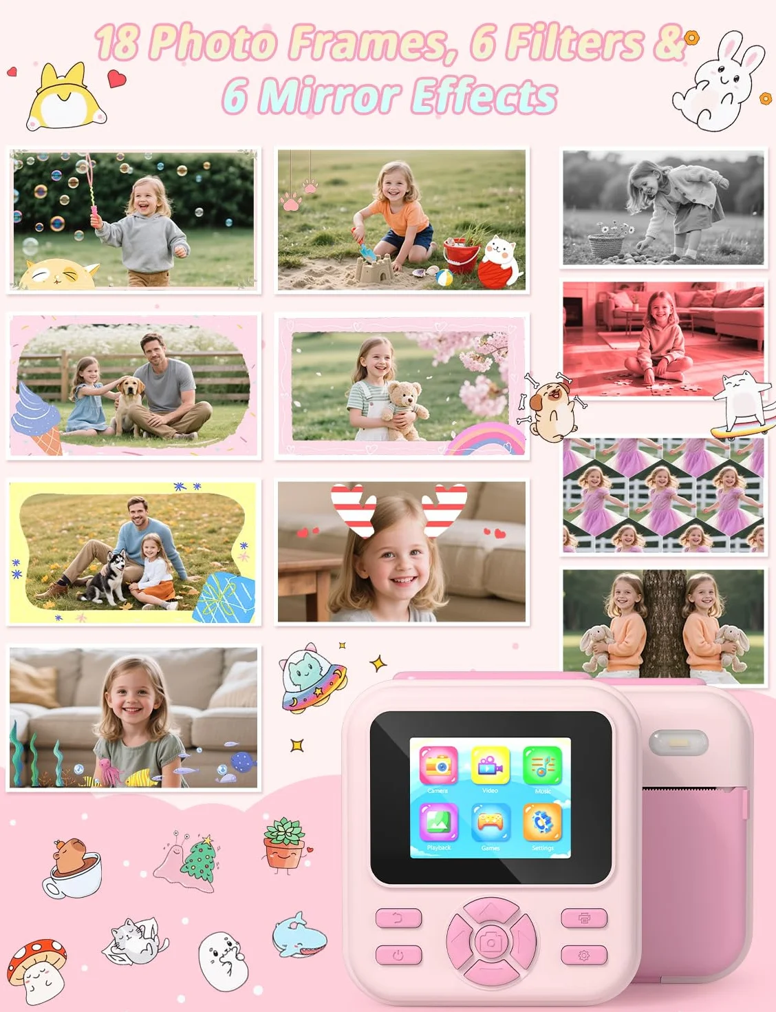 YOHOOLYO Aparat błyskawiczny dla dzieci, 2,4-calowy aparat błyskawiczny dla dzieci z kartą 32 GB i 3 rolkami papieru, cyfrowe zabawki wideo HD 1080P, prezenty urodzinowe w