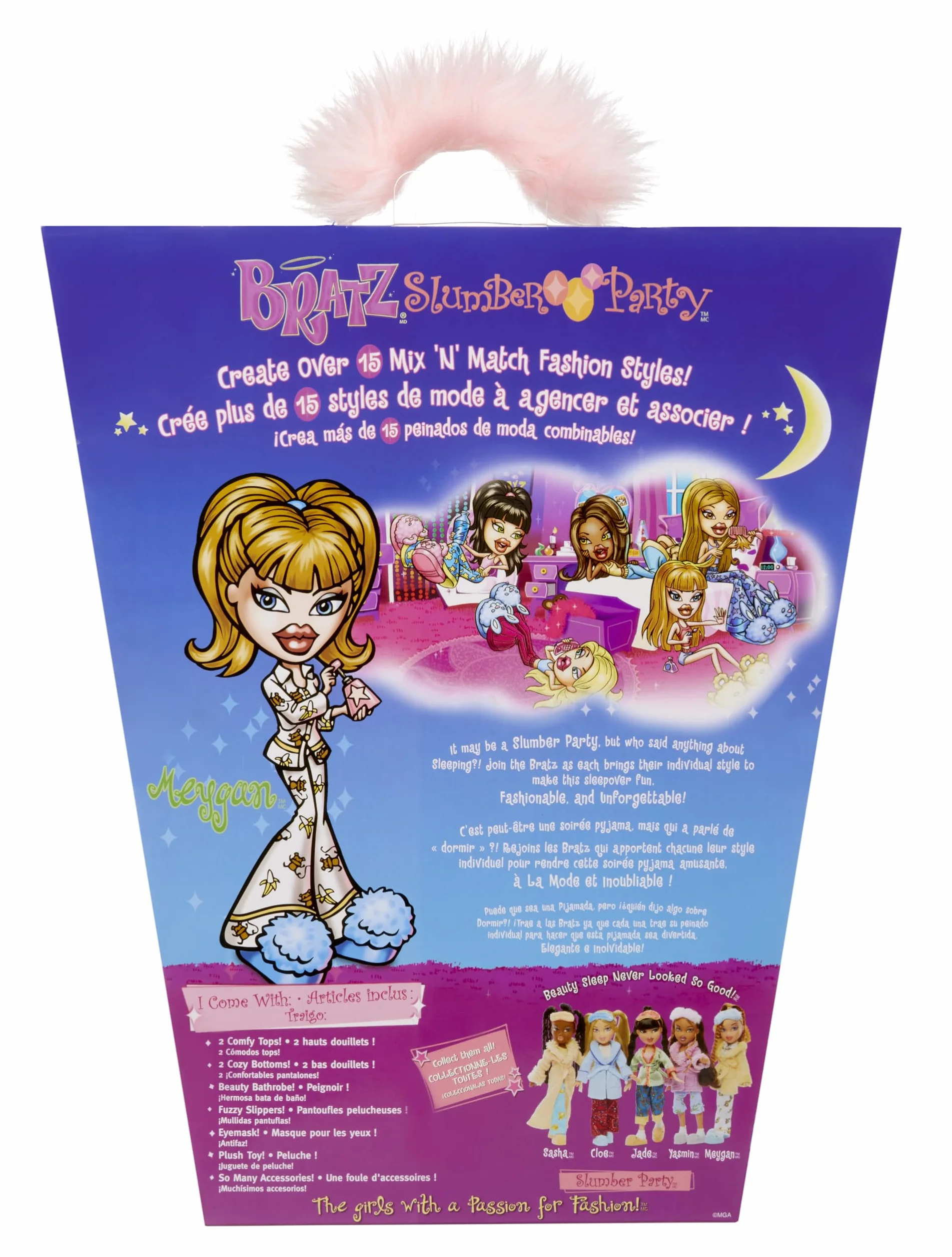 Bratz Slumber Party - Modna Lalka Meygan - z 2 Kompletami Piżam, Pluszowym Zwierzątkiem i Akcesoriami - Odpowiednia dla Dzieci i Kolekcjonerów
