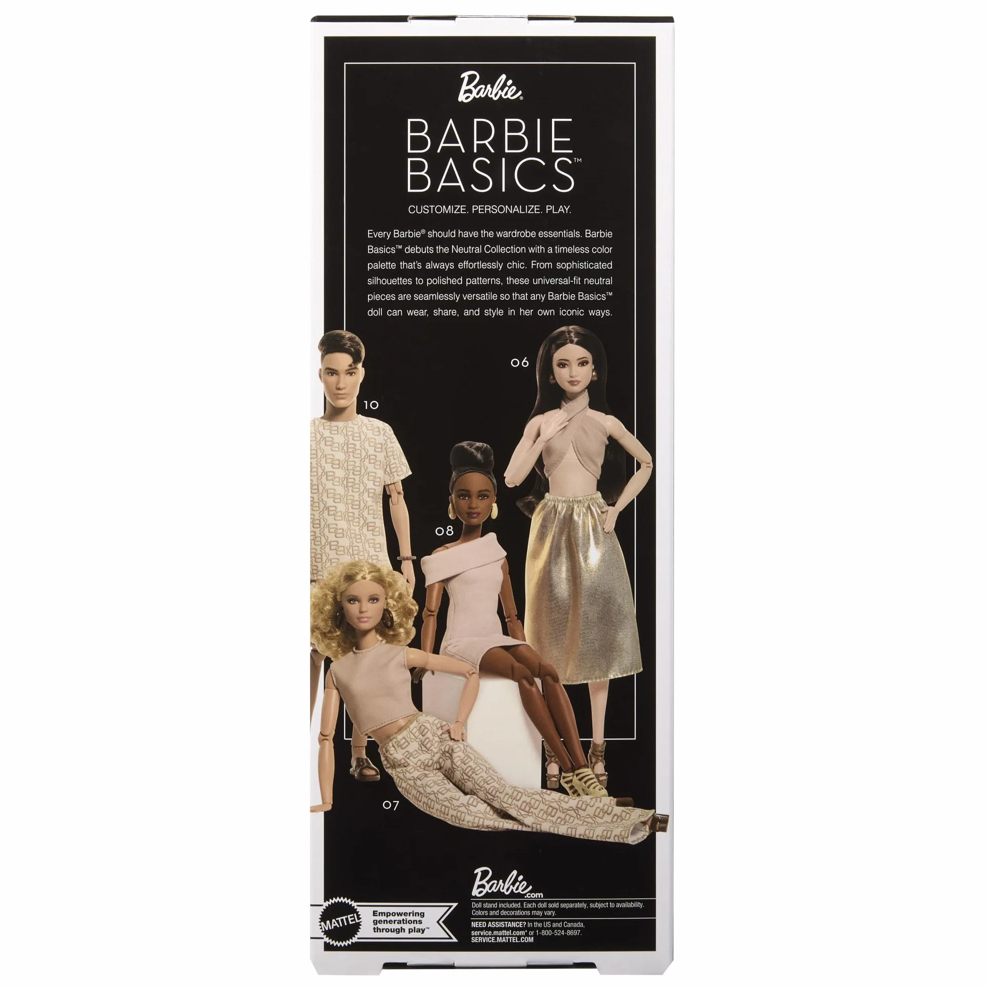 Barbie Basics Model 06 z brązowymi włosami, błyszczącą złotą spódniczką i topem, uniwersalnymi ubraniami, ruchomym ciałem, JJX25