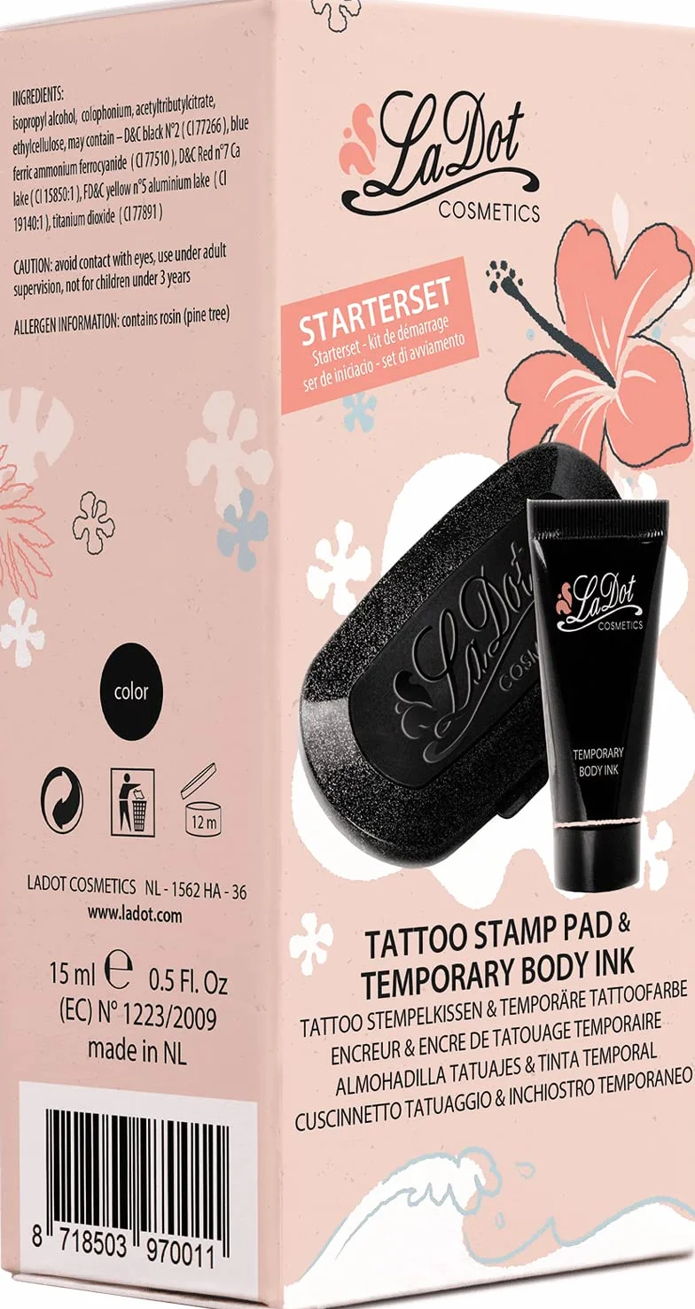 LaDot Tattoo Starter Set - kolor czarny z certyfikatem i pieczątką dla dzieci i dorosłych, tymczasowe sztuczne tatuaże przyjazne dla skóry, tusz do tatuażu na ciało i ramię, wodoodporny, 15 ml