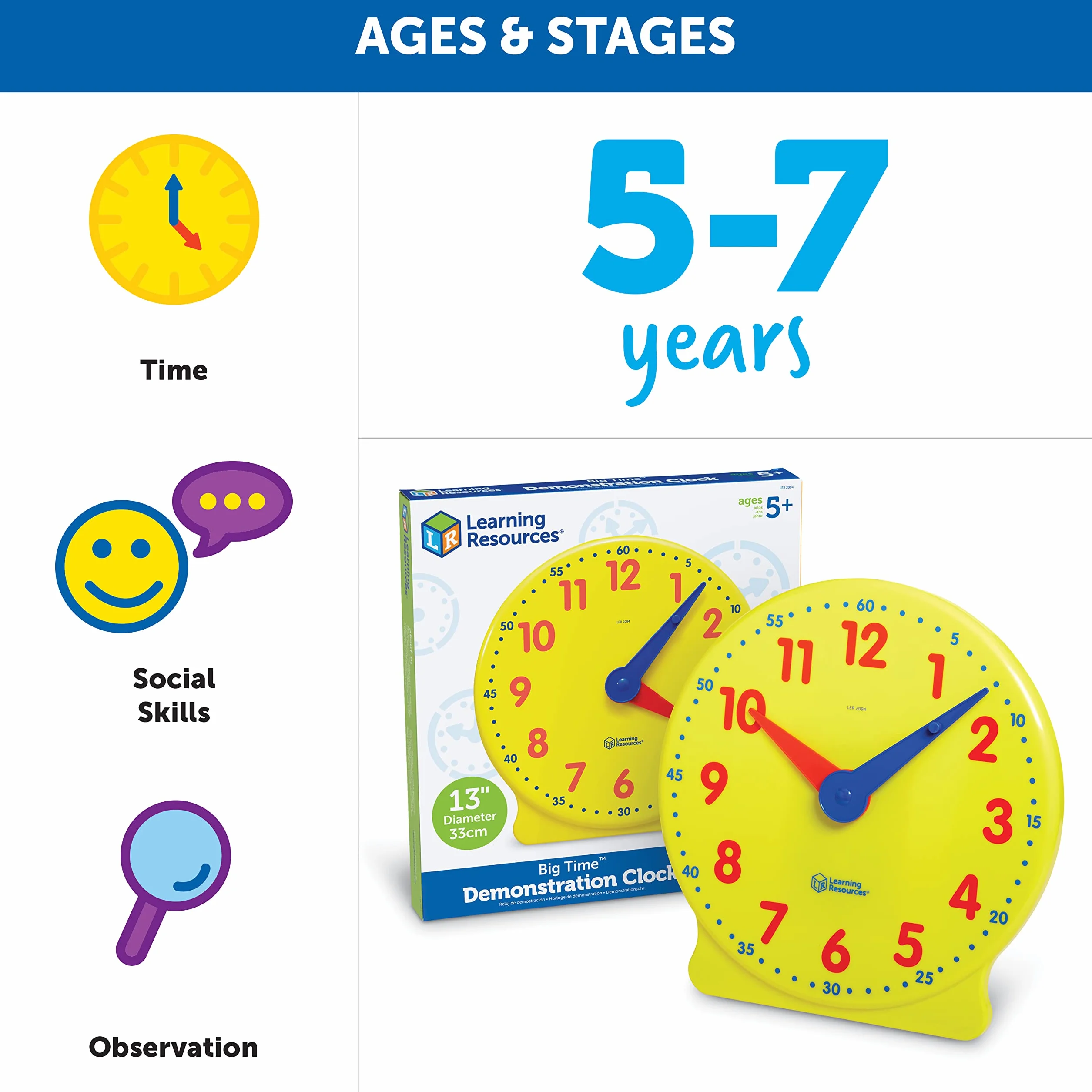 Learning Resources Big Time 12 godzin Demonstracja Uczenie sie Zegar, 33 cm Srednica