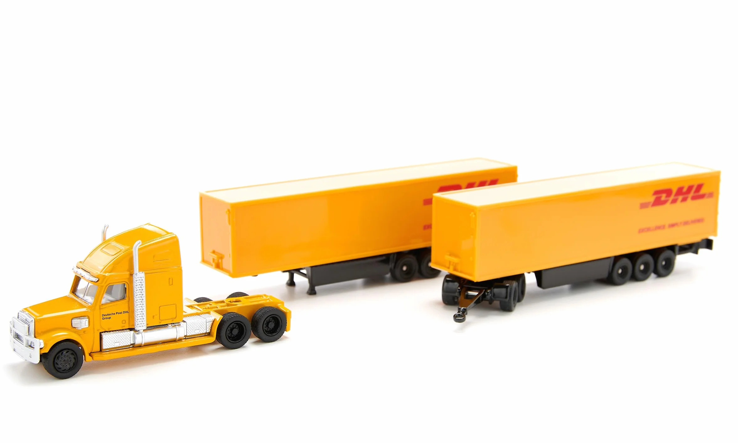 siku 1806, Freightliner DHL Road Train, Ciągnik z naczepą i przyczepą, 1:87, Metal/Tworzywo sztuczne, Żółty, Odłączana naczepa, Otwierane drzwi przyczepy