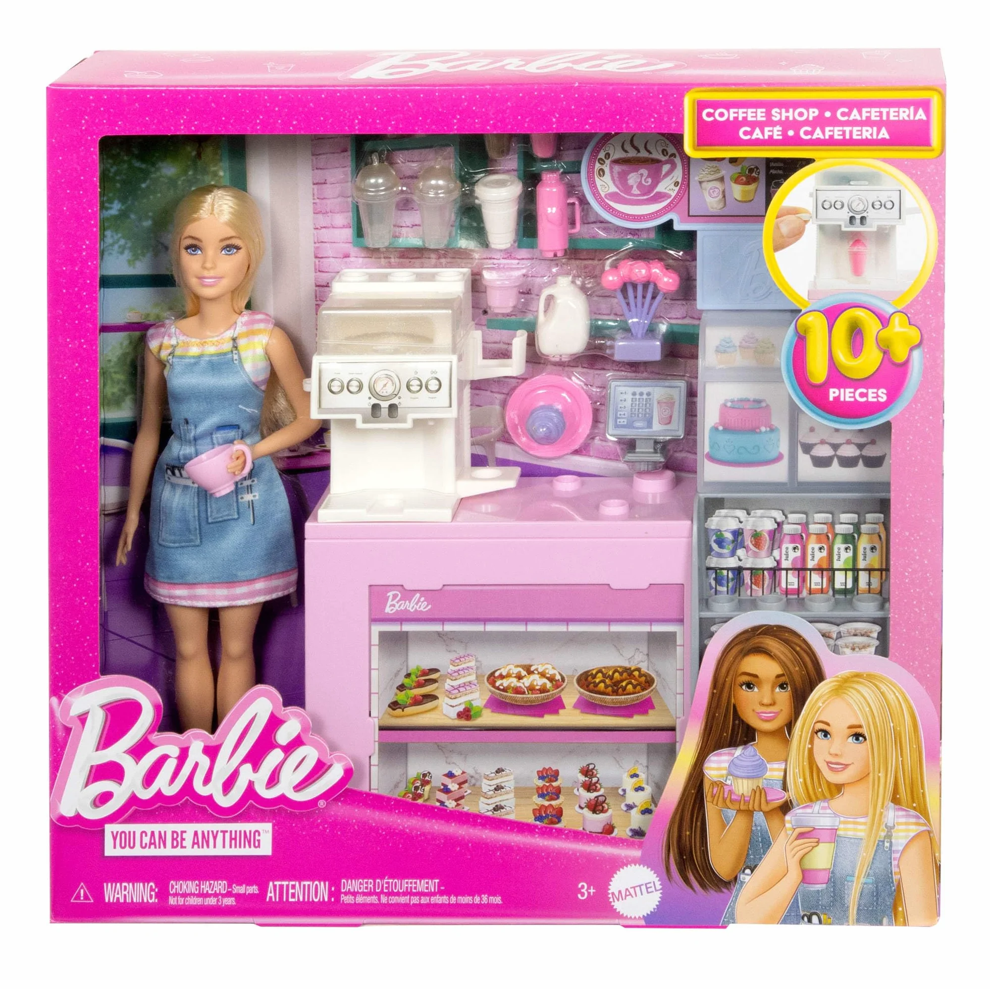 Barbie Kawiarnia Zestaw z lalką baristką i 12 akcesoriami, w tym ekspresem do kawy i maszyną do koktajli w jednym, „jedzeniem” i kubeczkami, HXN94