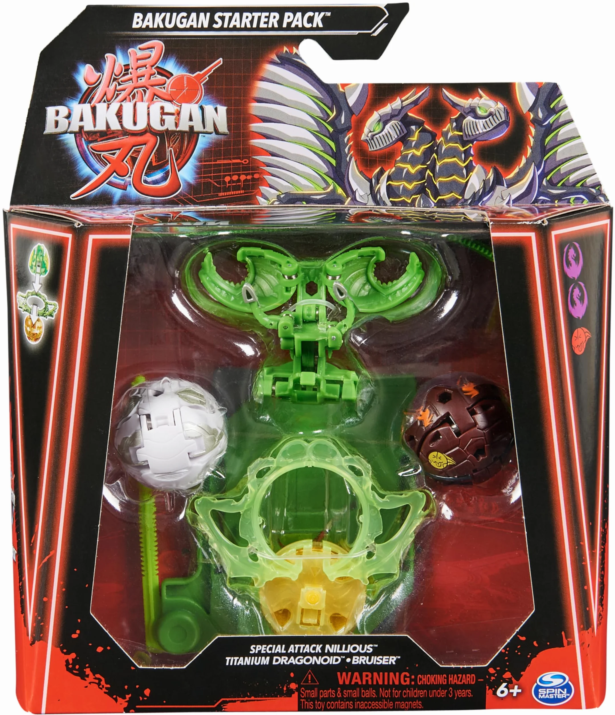 BAKUGAN Starter 3-pak, Special Attack Nillious, Titanium Dragonoid, Bruiser, indywidualizowana figurka akcji, karty kolekcjonerskie, zabawka dla dzieci dla chłopców i dziewczynek