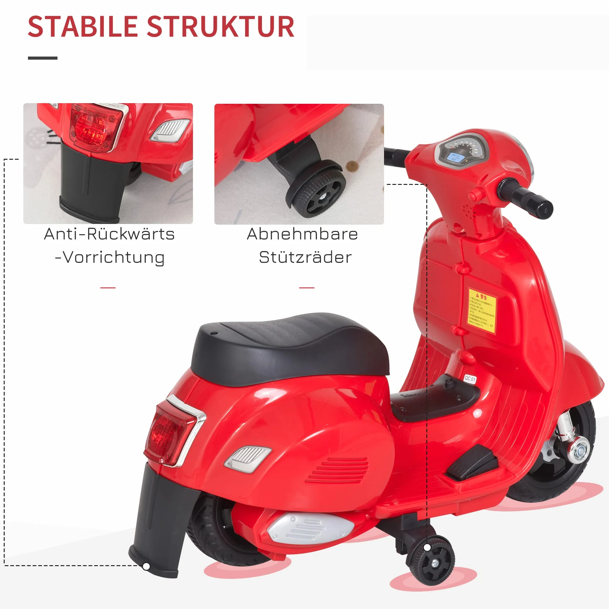HOMCOM VESPA motocykl elektryczny motocykl dla dzieci pojazd elektryczny 18-36 miesięcy 3 km/h światła LED dźwięk tworzywo sztuczne PP metal kolor czerwony 66,5 x 38 x 52 cm