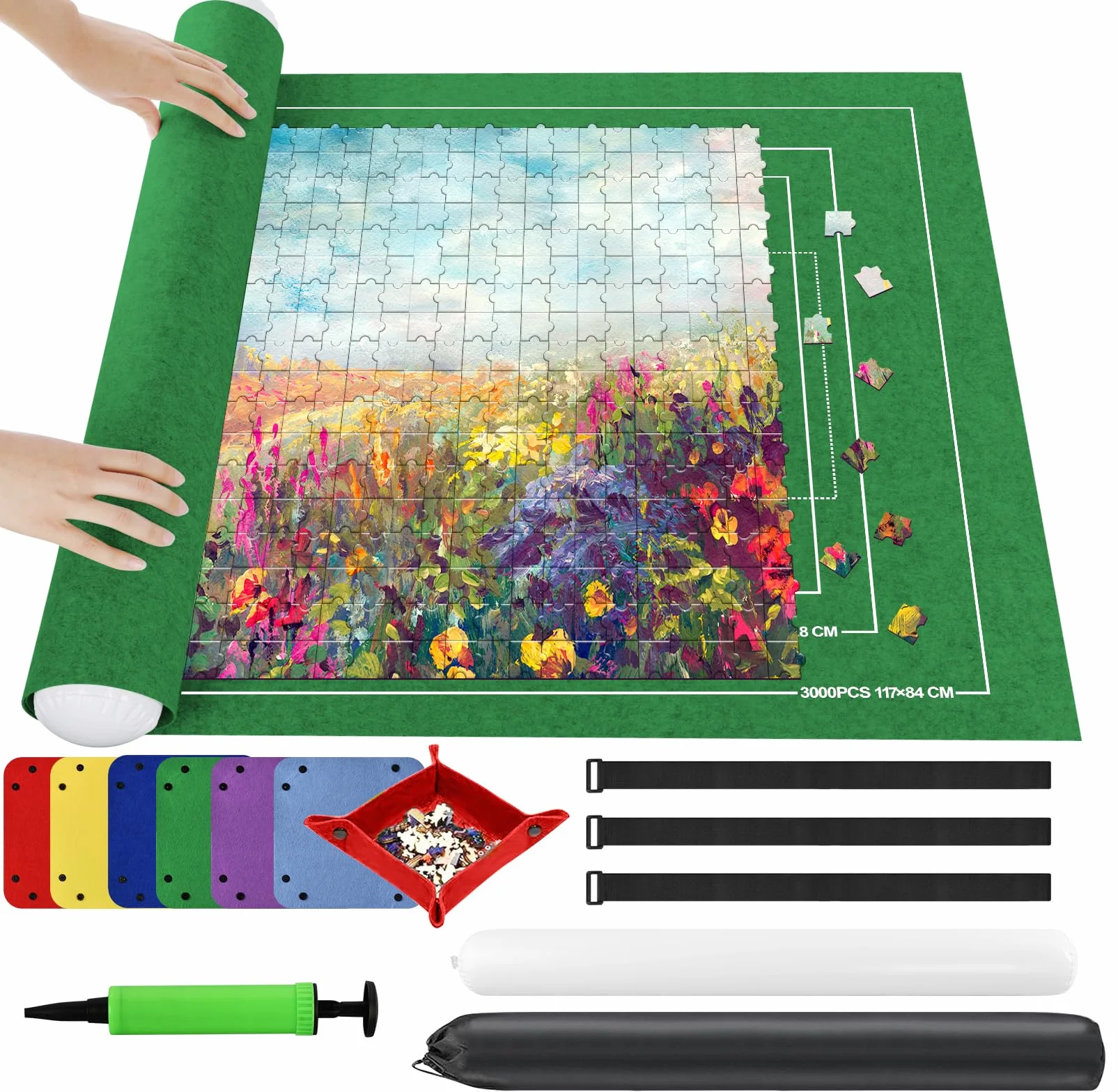 Ainiv Mata filcowa do przechowywania puzzli, przenośna zwijana mata do przechowywania puzzli z liniami pomocniczymi na maks. 3000 szt., składana podkładka filcowa do przechowywania puzzli z pompką