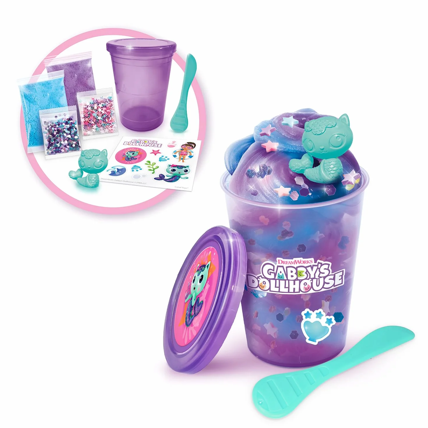 Canal Toys - Dom dla lalek Gabby - Pudełko Slime z niespodziankami od Gabby - Zestaw z 2 Slimami, naklejkami, figurką i niespodziankami - Dobry prezent lub niespodzianka - Gabby's Dollhouse Mystery