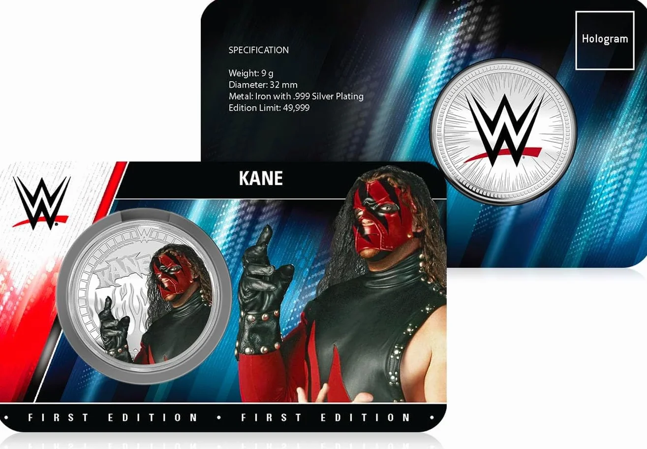 FANTASY CLUB Kane WWE 32 mm Oficjalna moneta kolekcjonerska – hołd dla czerwonego potwora i legendy o ekstremalnych walkach – edycja limitowana dla fanów i kolekcjonerów