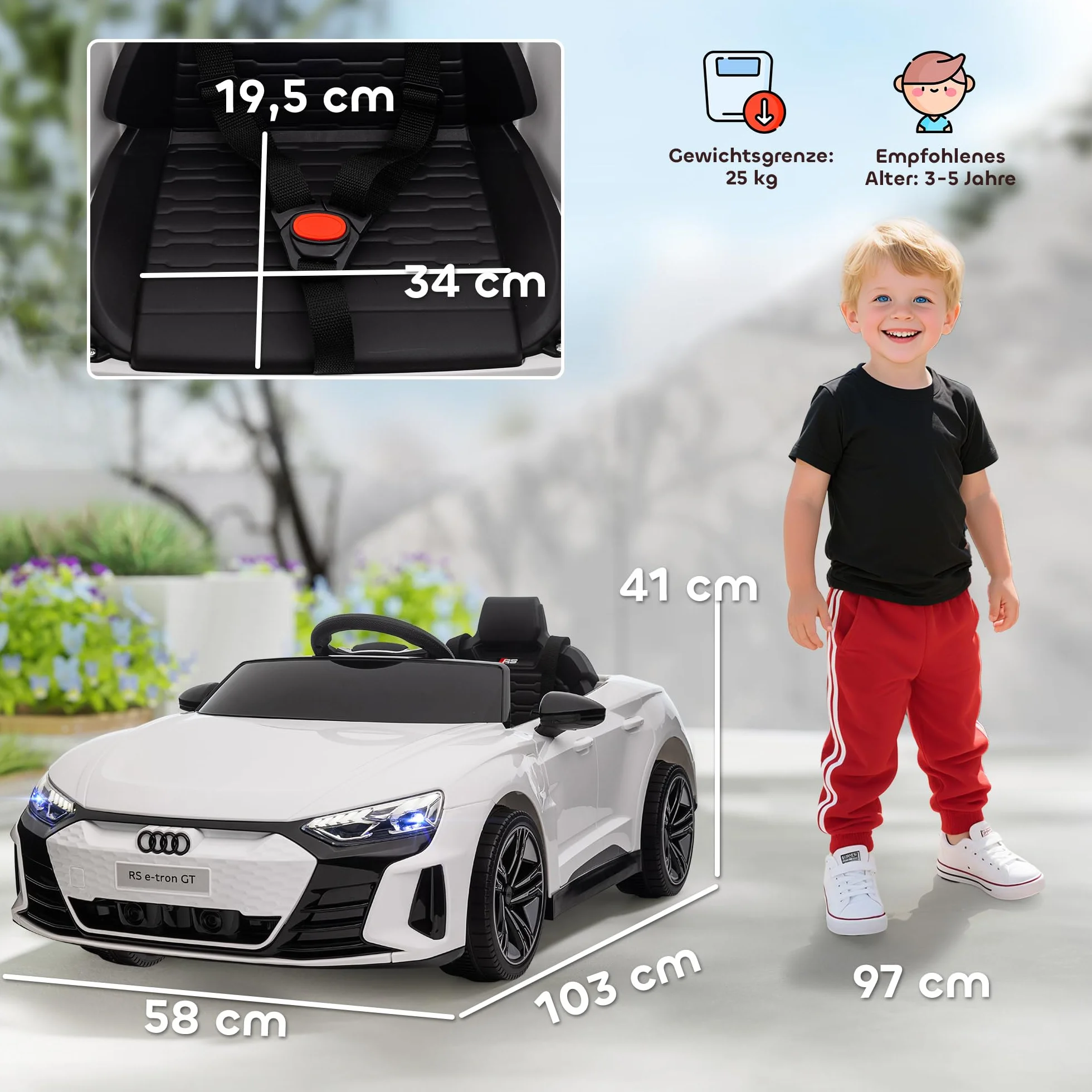 HOMCOM Samochód elektryczny dla dzieci, samochód dziecięcy z pilotem zdalnego sterowania, Audi RS e-tron GT, pojazd dziecięcy z pasem bezpieczeństwa, klaksonem, muzyką i reflektorem, do 5 km/h, dla