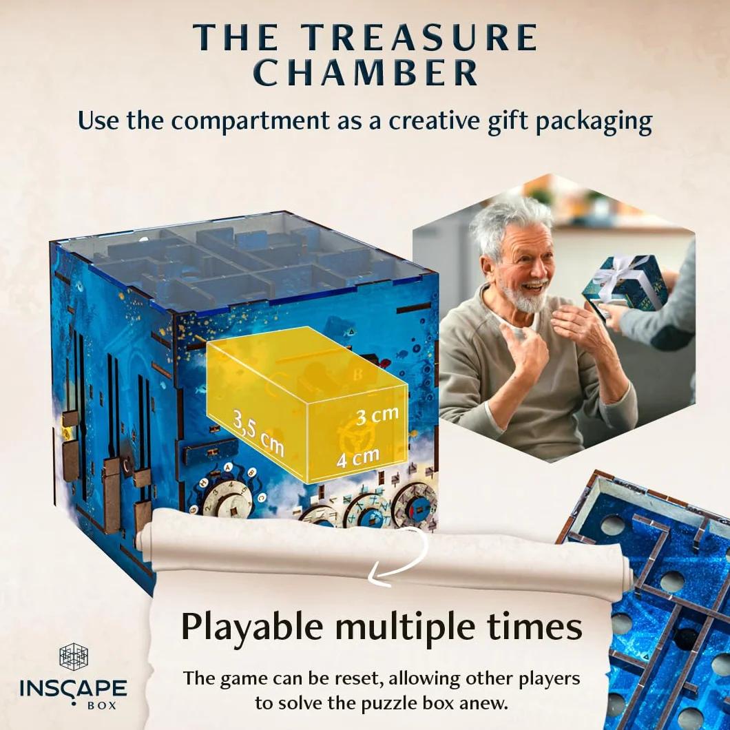 INSCAPE Atlantis Labirynt - Cluebox - Pudełko z Zagadkami - Puzzle Box - Gra Escape Room dla Dorosłych i Dzieci - Gry Logiczne - 3D Puzzle z Drewna - Gry Myślenia - Pudełko na Prezent