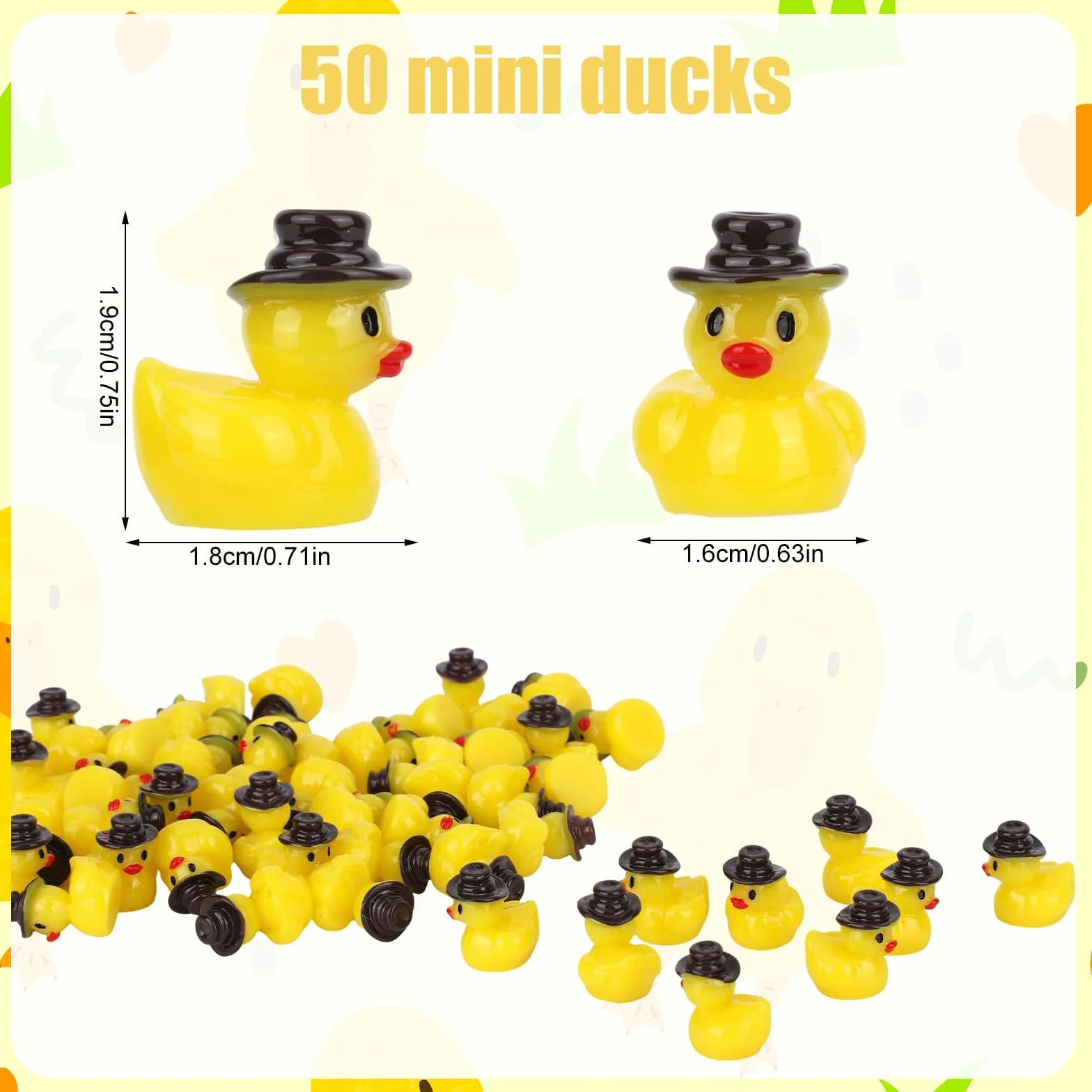 50szt Miniaturowych Złotych Kaczek Kowbojskich z Żywicy, Miniaturowe Małe Kaczuszki Stylu Zachodnim z Kowbojskimi Kapeluszami Małe Figurki do Ogrodu Domku Lalek Akwarium Dekoracji Imprezowych