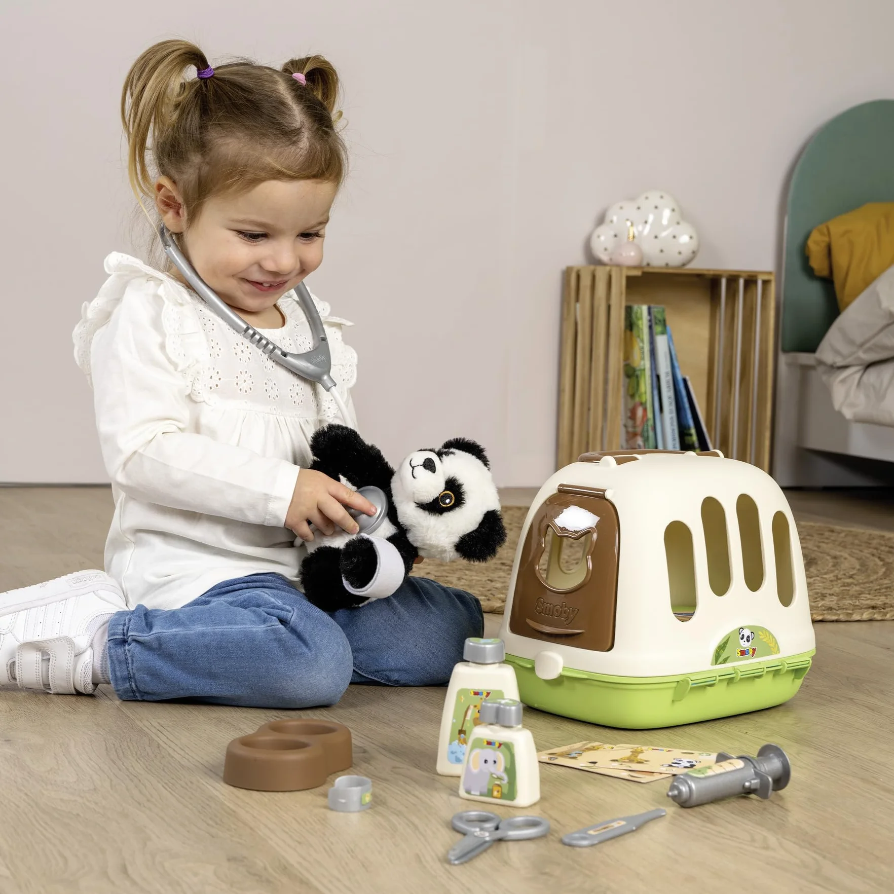 Smoby - 2 w 1 walizeczka weterynaryjna - klatka transportowa - w zestawie pluszowa panda - liczne akcesoria - łatwy transport - od 3 lat - wyprodukowano we Francji