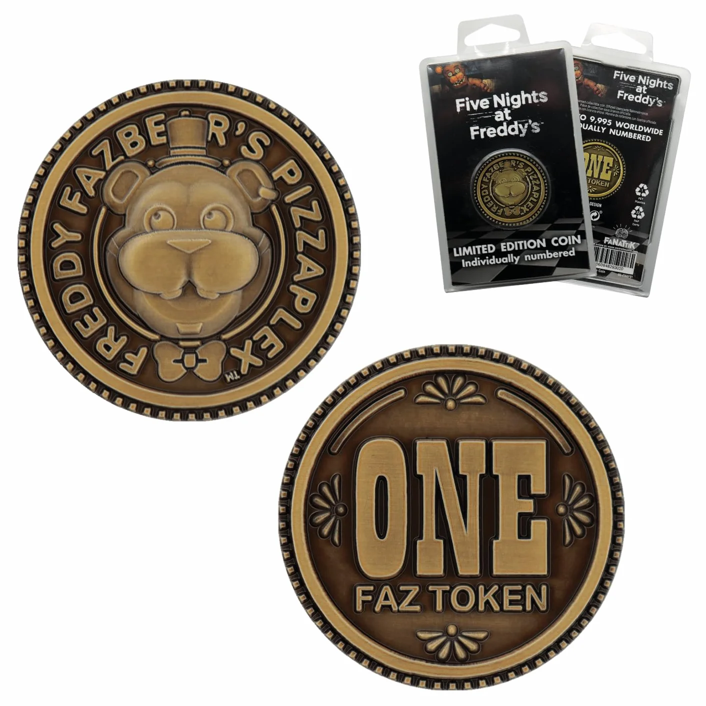 FaNaTtik Five Nights at Freddy's One Faz Token kolekcjonerska moneta - oficjalnie licencjonowany produkt z limitowanej edycji - średnica 38 mm - replika FNAF Pizzeria Simulator (9 995 na całym świecie