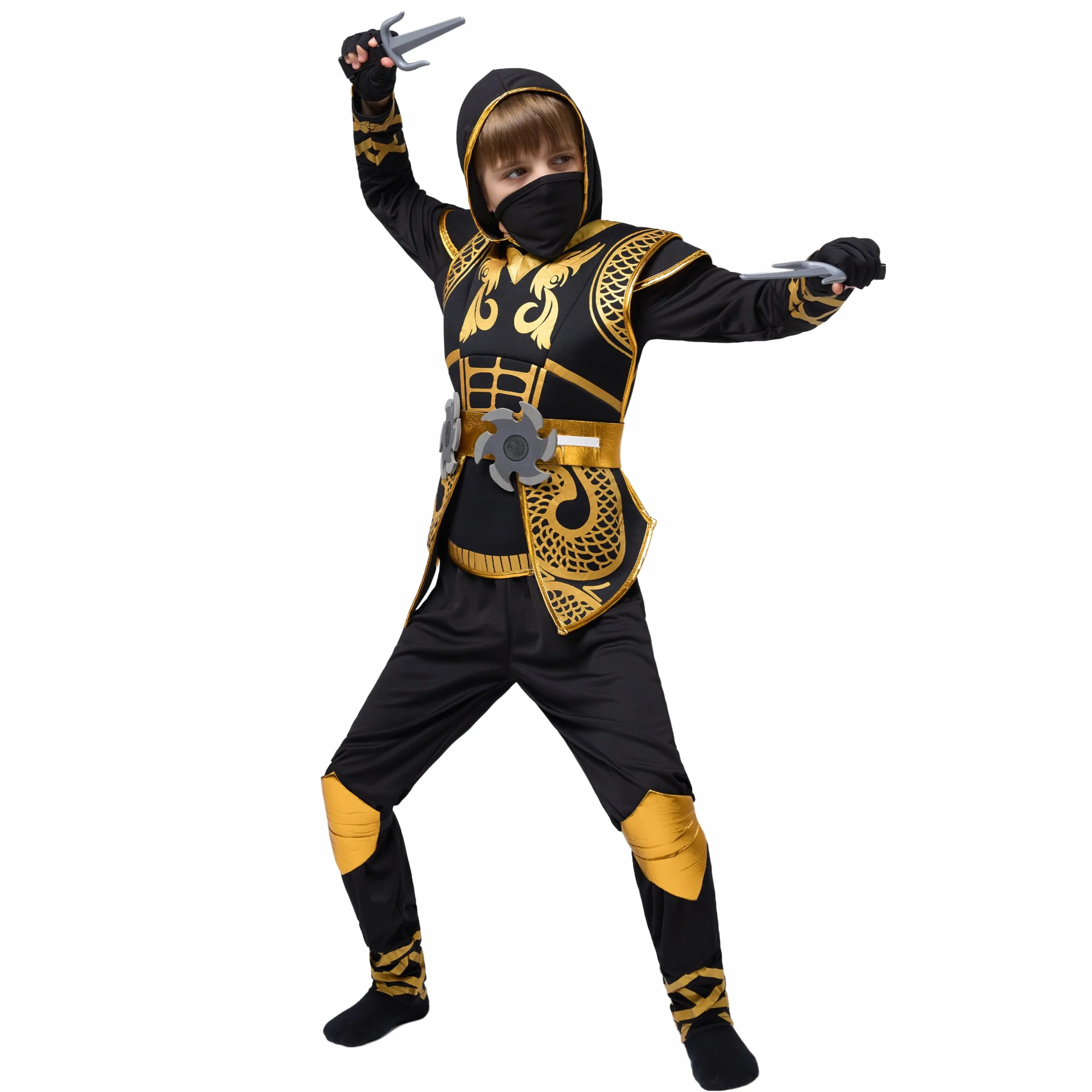 Spooktacular Creations Złoty kostium wojownika ninja dla dzieci, małych dzieci, chłopców