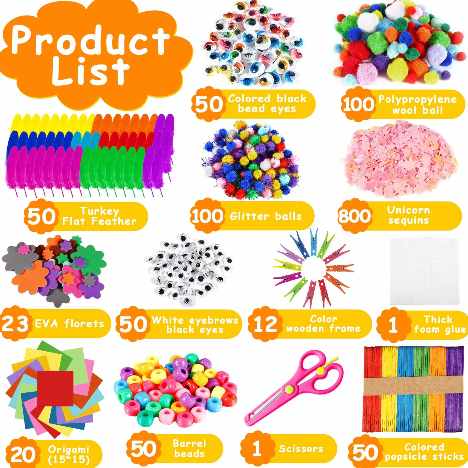 FAMKEEP Zestaw do majsterkowania dla dzieci, 1800 sztuk, sztuka i rękodzieło dla dzieci, akcesoria do majsterkowania, scrapbooking, brokatowe pompony, pióra, guziki, cekiny, perły, prezent, cekiny