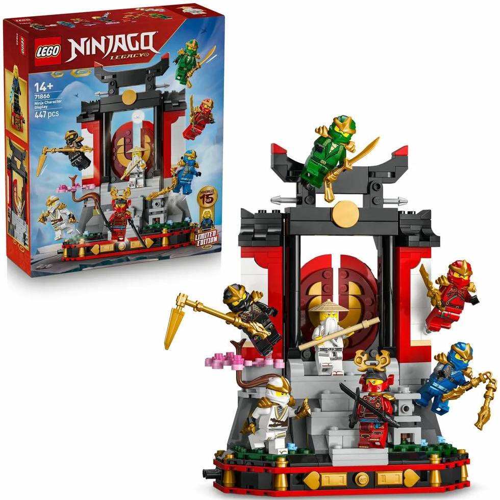LEGO NINJAGO Ozdoba z postaciami ninja — 15-lecie, kolekcjonerski zestaw konstrukcyjny dla chłopców i dziewczynek, podstawka z ośmioma minifigurkami, pomysł na prezent urodzinowy dla 14-latka 71866