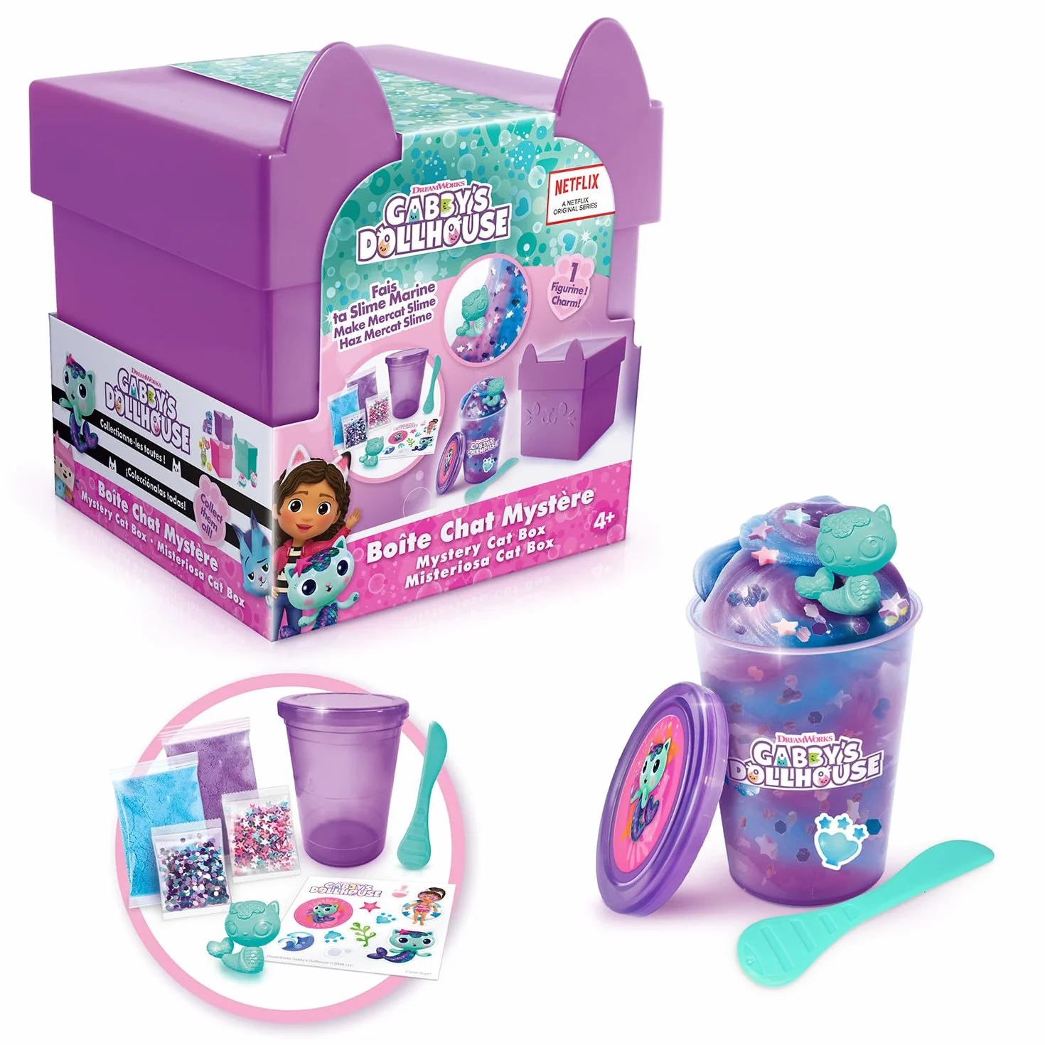 Canal Toys - Dom dla lalek Gabby - Pudełko Slime z niespodziankami od Gabby - Zestaw z 2 Slimami, naklejkami, figurką i niespodziankami - Dobry prezent lub niespodzianka - Gabby's Dollhouse Mystery