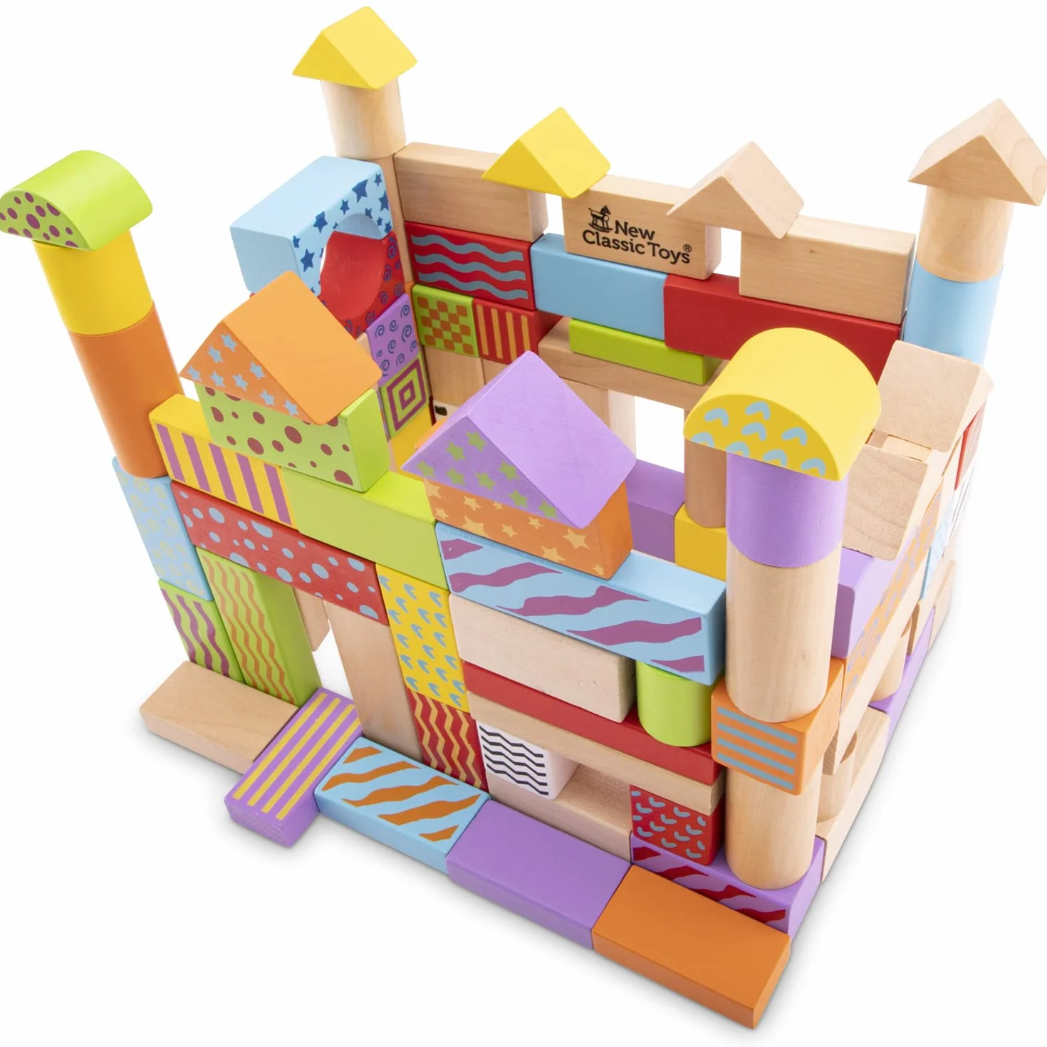 New Classic Toys 10813 drewniane klocki fantasy w bębnie edukacyjna zabawka percepcyjna dla dzieci w wieku przedszkolnym chłopcy dziewczęta 100 sztuk kolorowe