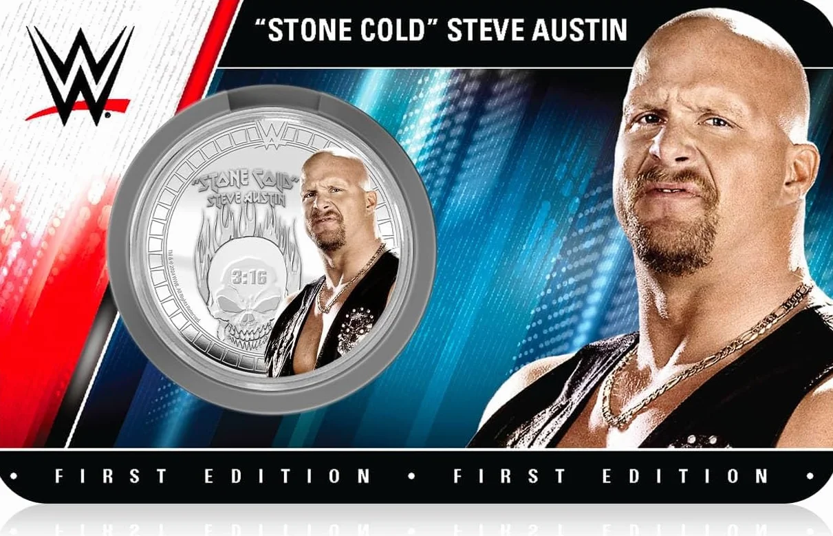 FANTASY CLUB Stone Cold Steve Austin WWE 32 mm Oficjalna moneta kolekcjonerska - hołd dla Rattlesnake i 6-krotny mistrz świata - edycja limitowana dla fanów i kolekcjonerów