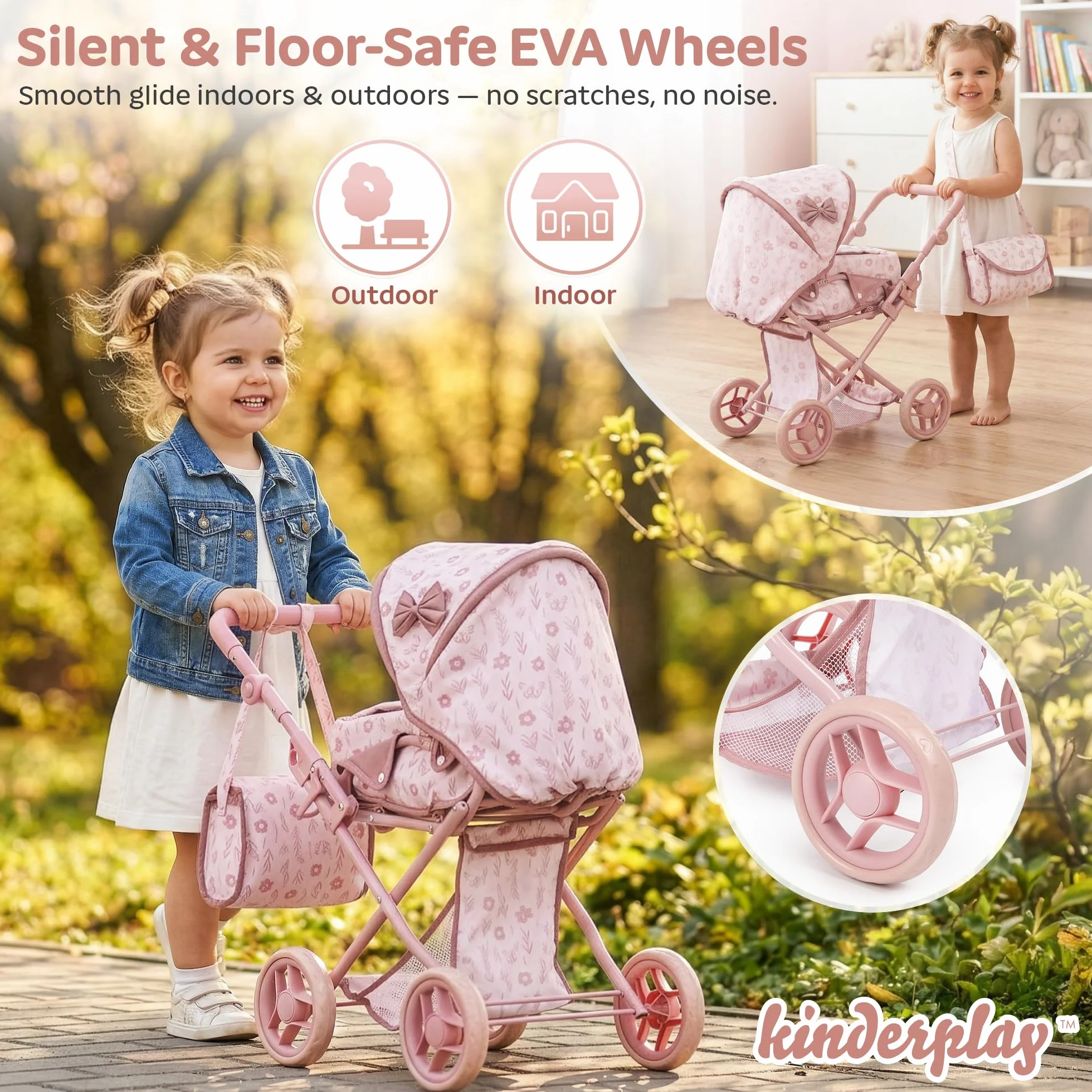 Kinderplay Wózek dla lalek 3 w 1 z torbą do przenoszenia, wózek dla lalek z regulacją wysokości 36,5-64 cm, składany wózek dziecięcy z cichymi kółkami piankowymi, dla lalek do 40 cm, od 3 lat