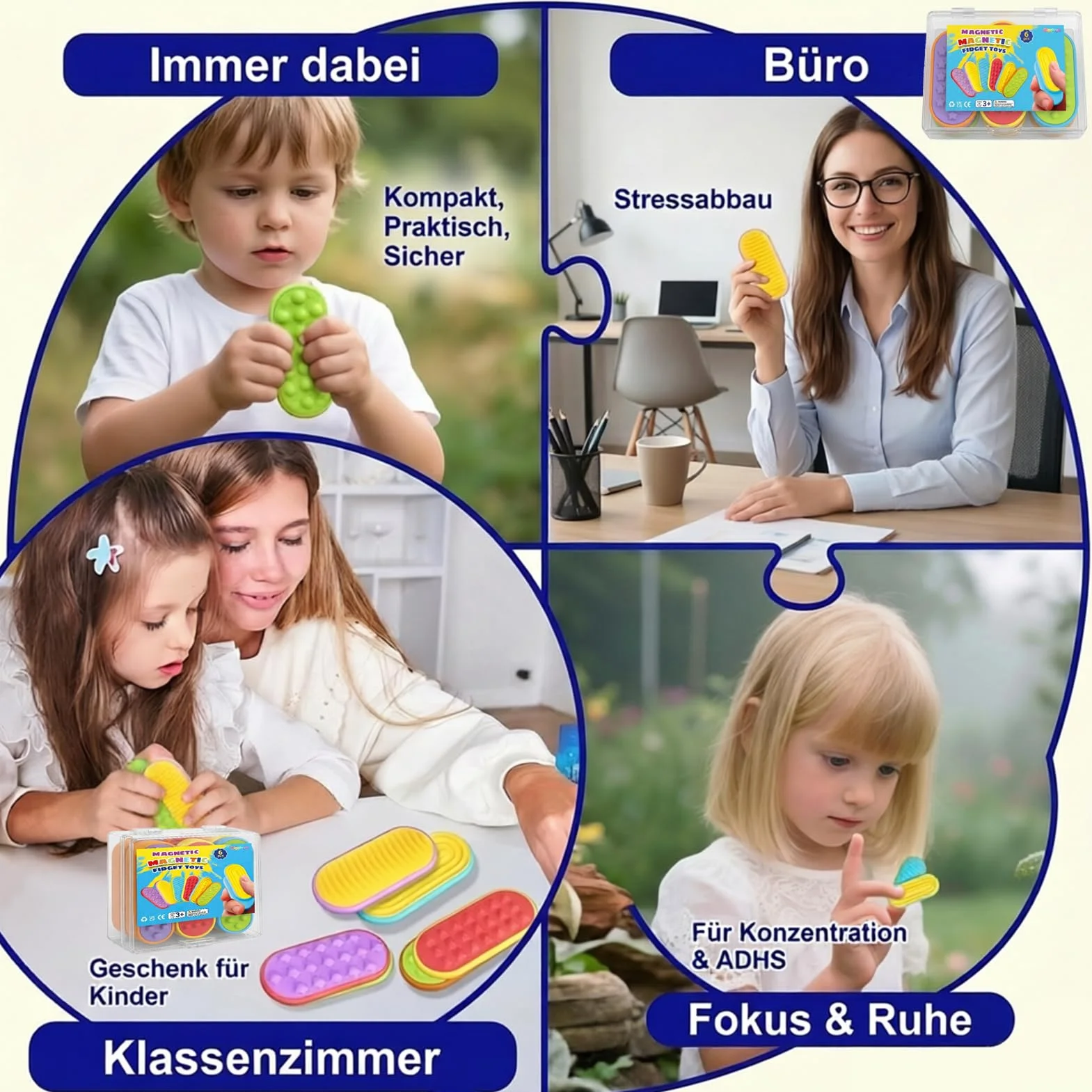 Magnetyczne zabawki fidget Toys Slider zestaw 6 sztuk z pudełkiem do przechowywania – cicha zabawka sensoryczna z funkcją przesuwania, kompaktowa i uporządkowana, ciche zajęcia ręczne na co dzień, do
