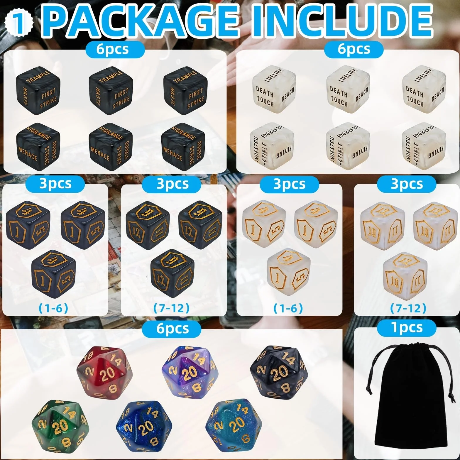 78 sztuk liczników kostek MTG – AbilityKeyword, -1/+1 licznik życia, tabliczka, kostka D6, kompatybilne z MTG, akcesoria do gier karcianych (w zestawie czarna torba)