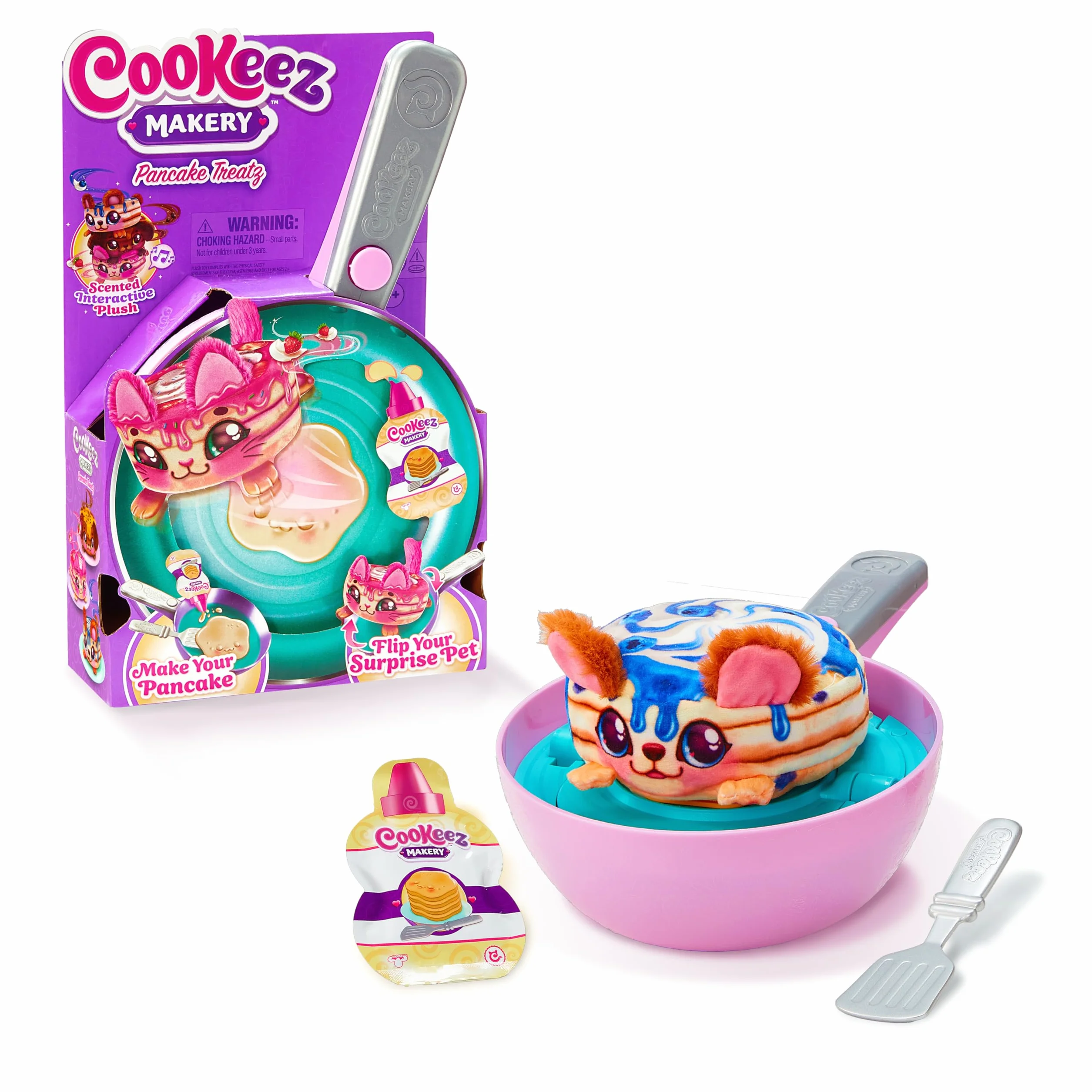 COOKEEZ MAKERY Pancake Treatz Mix and Tur! Wlej ciasto na patelnię i baw się dobrze, patrząc, jak twój interaktywny i pachnący pluszowy przyjaciel obraca się! Jaką niespodziankę zamierzasz przygotować