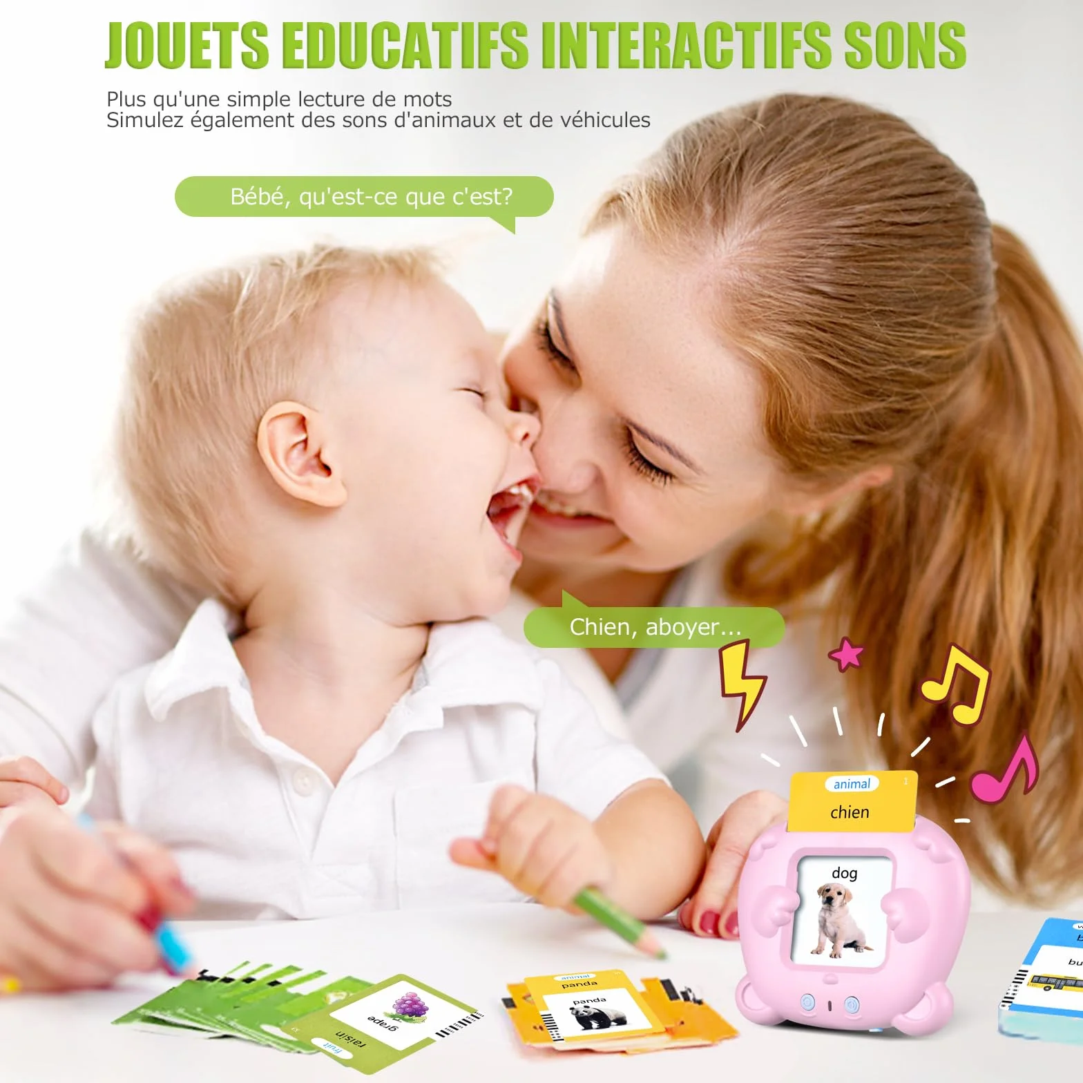 Mówiące karty flash Montessori edukacyjne dla dzieci w wieku 3 lat Rozmowa Flash Cards 112 arkuszy 224 słowa, zabawki edukacyjne do nauki mówienia, francuski/angielski/dwujęzyczny (różowy)