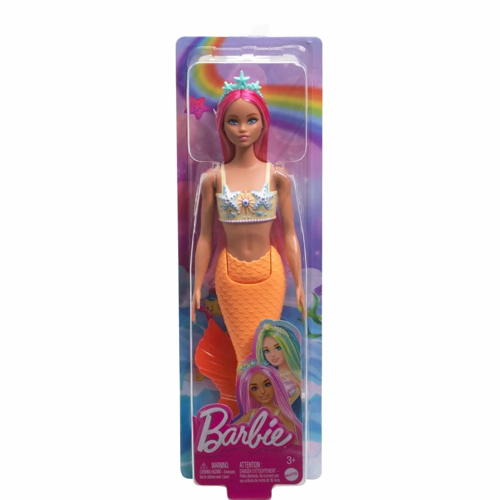 Barbie Mermaid Doll with Pink Fantasy Hair and Headband Accessory, Toy with Starfish-Inspired Bodice and Soft Orange Tail, HRR05
