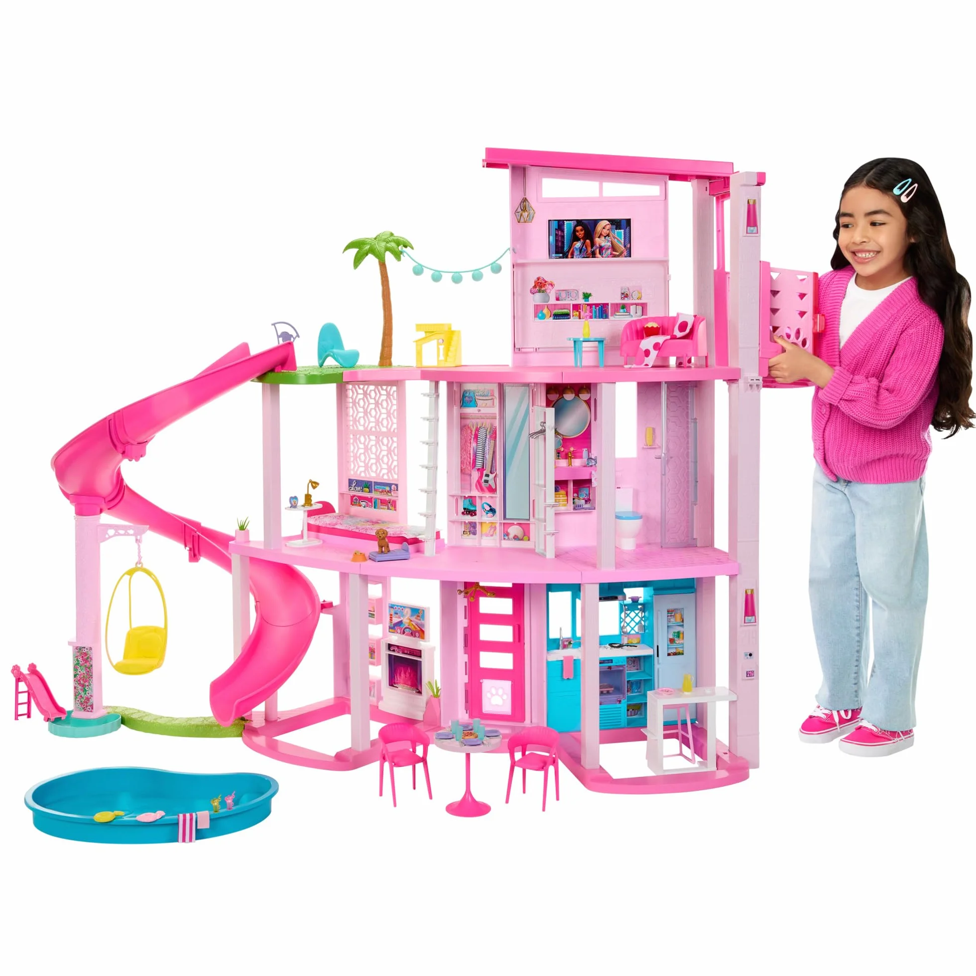 Barbie Dreamhouse Dom Marzeń Domek dla lalek ze zjeżdżalnią sięgającą górnego poziomu, windą i miejscem do zabawy dla zwierzątek oraz ponad 75 akcesoriami, HMX10