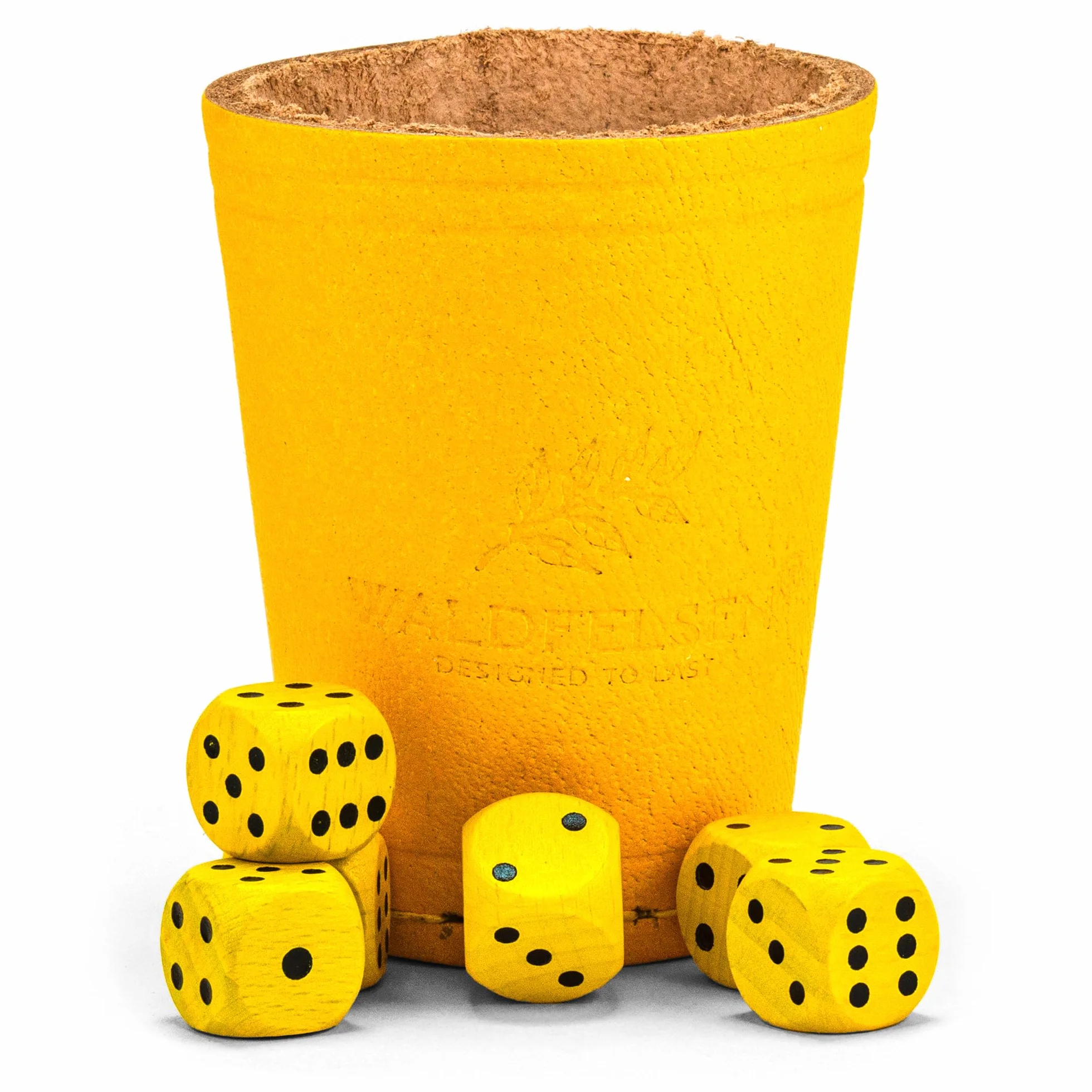 Kubek do kości z prawdziwej skóry (9 cm) z 6 drewnianymi kostkami (16 mm) z drewna bukowego Skórzany kubek do kości Zestaw kości Kości punktowe Kości do gry (Kolor: Żółty)
