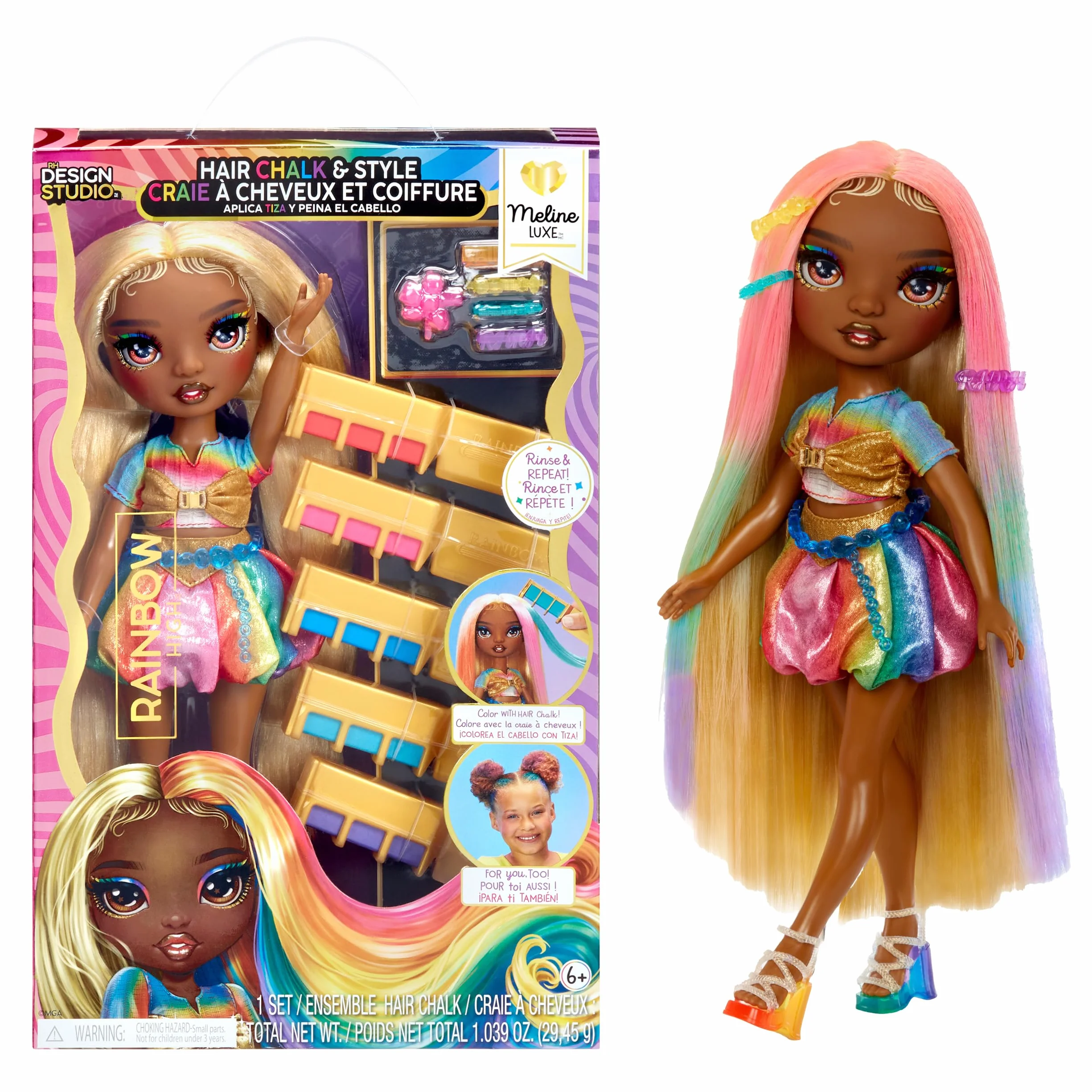 Rainbow High Hair Chalk & Style Doll – Meline – Tęczowo-Złota Lalka o Wysokości 28 cm ze Zmywalną Kredą do Włosów. Koloruj, Stylizuj, Baw się, Spłucz i Powtarzaj, dla Dzieci w Wieku od 4 do 12+ Lat