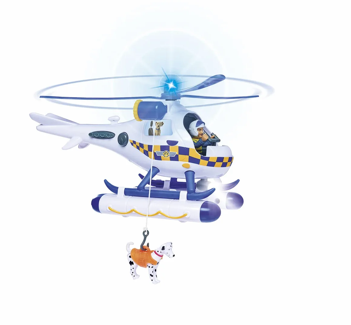 SIMBA 109252537038 Strażak Sam Wallaby Helikopter policyjny 17 cm, światło i dźwięk, ruchoma figurka Rose 7,5 cm i pies