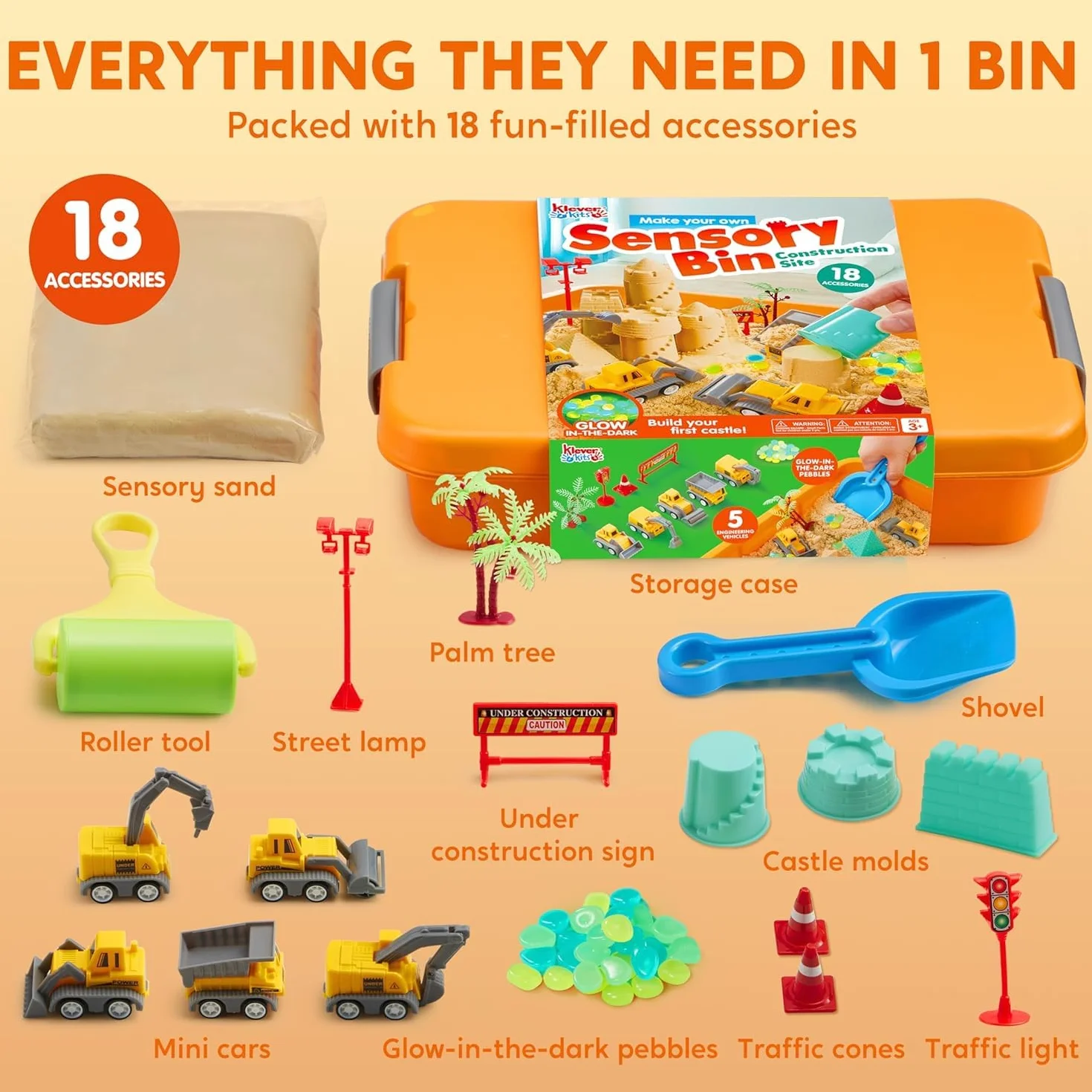 Klever Kits Construction Sensory Bin for Toddlers with Glow in The Dark Stones, Sandbox with Lid Castle Building kit, Preschool Learning Activities Gifts for Boys Girls Age 3+ by JOVA