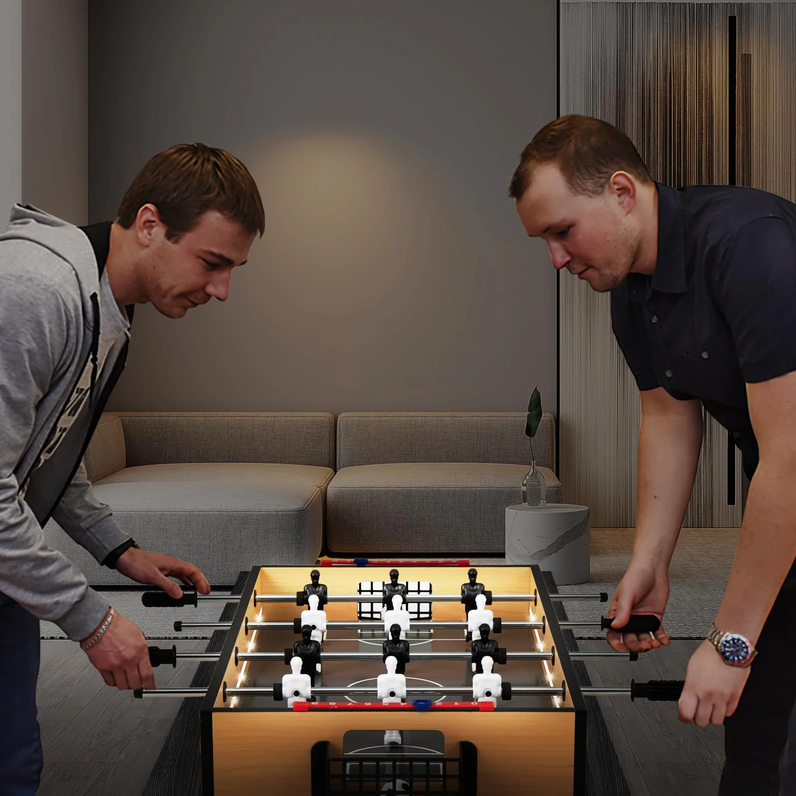 COSTWAY Mini piłkarzyki, piłkarzyki dla 2 graczy, ze światłami LED, 2 piłki nożne i tablica wyników, stół do piłkarzyków z drewna, dla dorosłych i dzieci, 51 x 30,5 x 9 cm