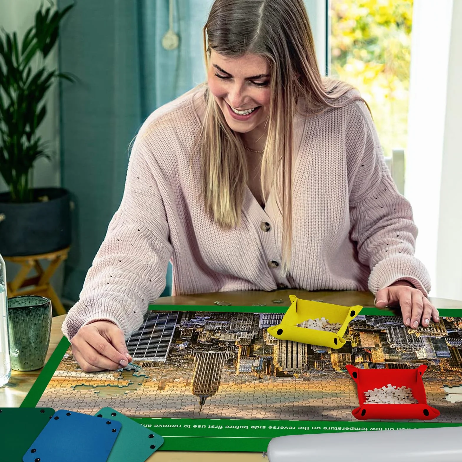 MOZOOON Mata do puzzli 1500 elementów, filcowa mata do puzzli, przenośna mata do zwijania puzzli składana z 6 sortownikami do puzzli, akcesoria dla dzieci i dorosłych