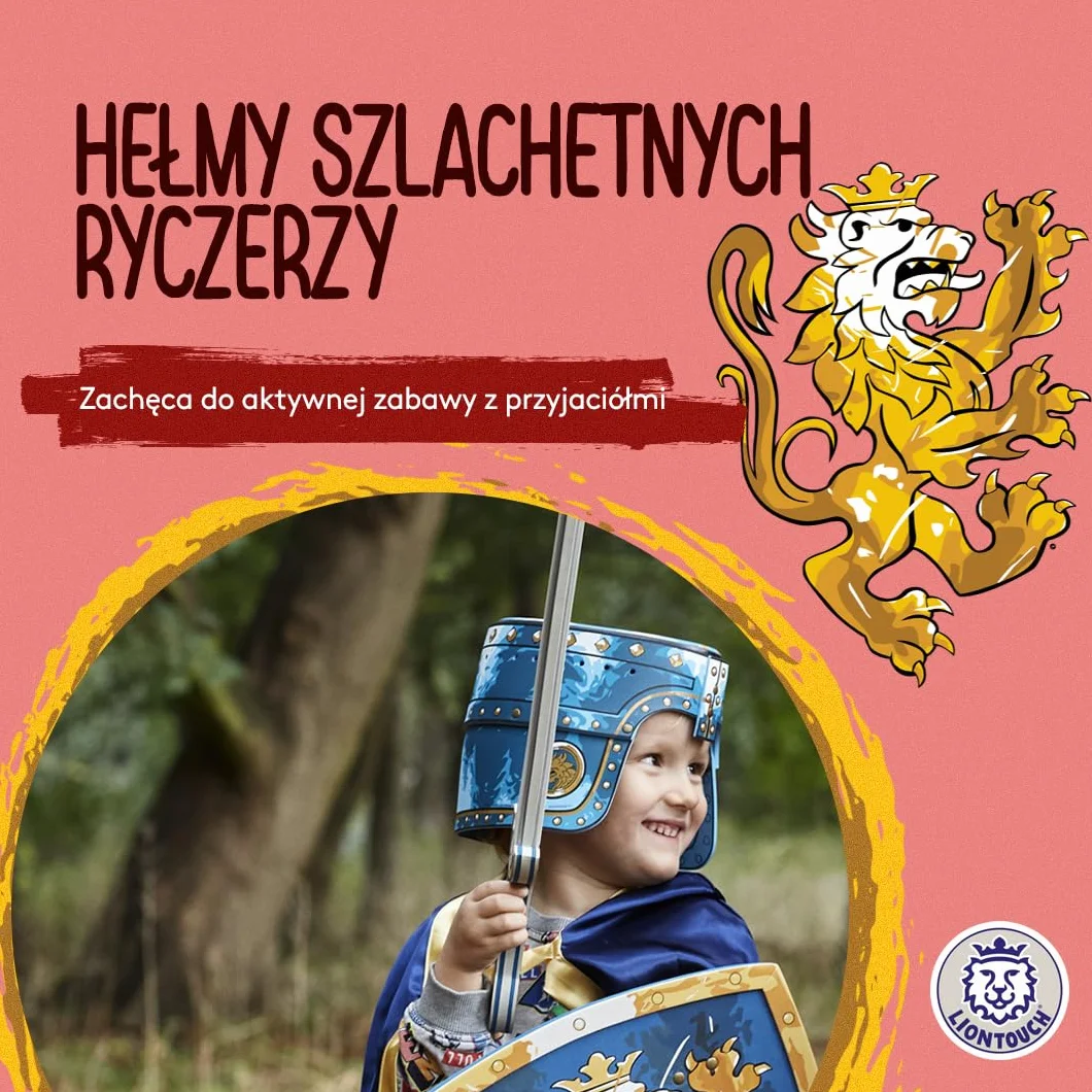 Liontouch Szlachetny kask rycerski, niebieski i czerwony, średniowieczna zabawka do zabawy w formie pianki dla dzieci z dekoracją złotego lwa, trwałe i bezpieczne akcesoria do przebrania i kostiumów