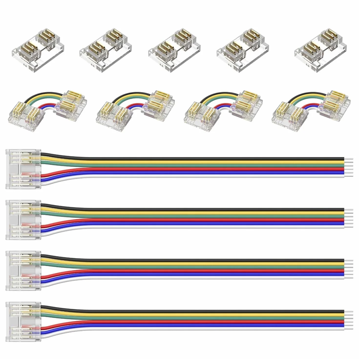 Zestaw złączy LED COB RGB+CCT 12mm 6-stykowy – 5szt do taśmy, 4szt narożniki w kształcie L, 4szt 10cm przedłużacze do przewodu, kompatybilny z taśmami LED FCOB 6-stykowymi RGB+CCT