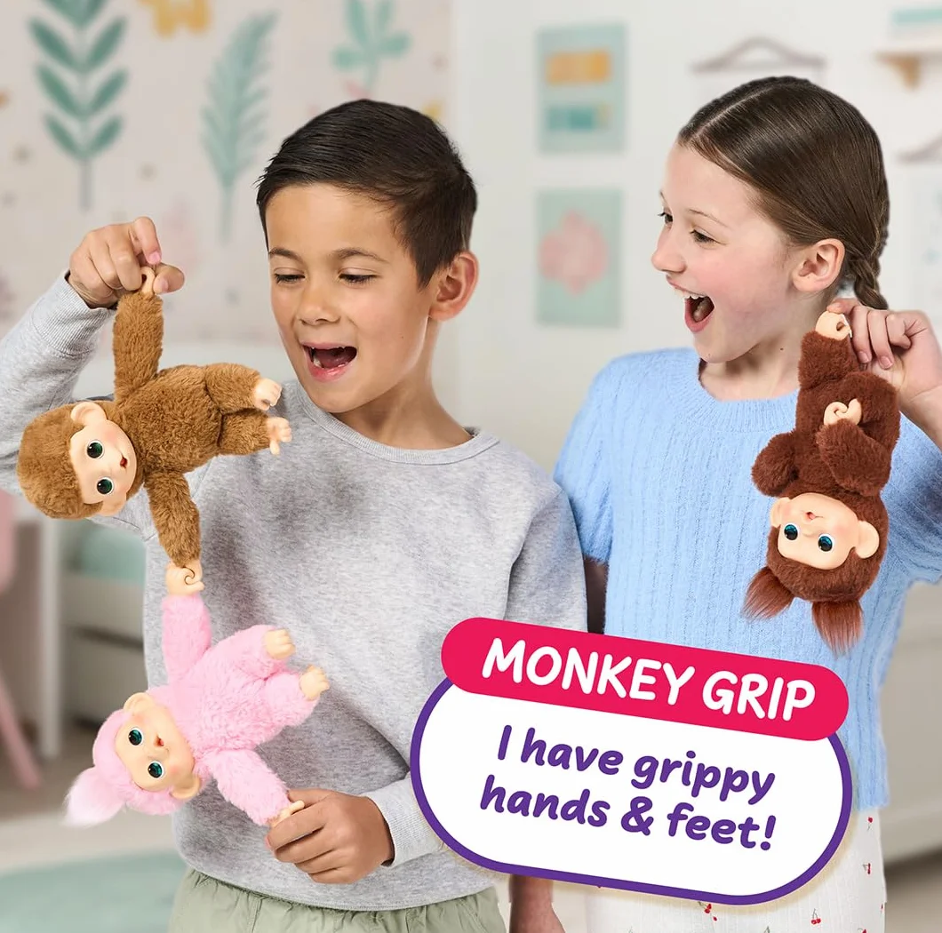 Little Live Pets Baby Monkey Minis – Chikki Cherry. Interaktywna zabawka dla zwierząt domowych. Ponad 20 dźwięków i reakcji. Miękkie brązowe futro. 18,8 cm wysokości. Super realistyczny. Karmić