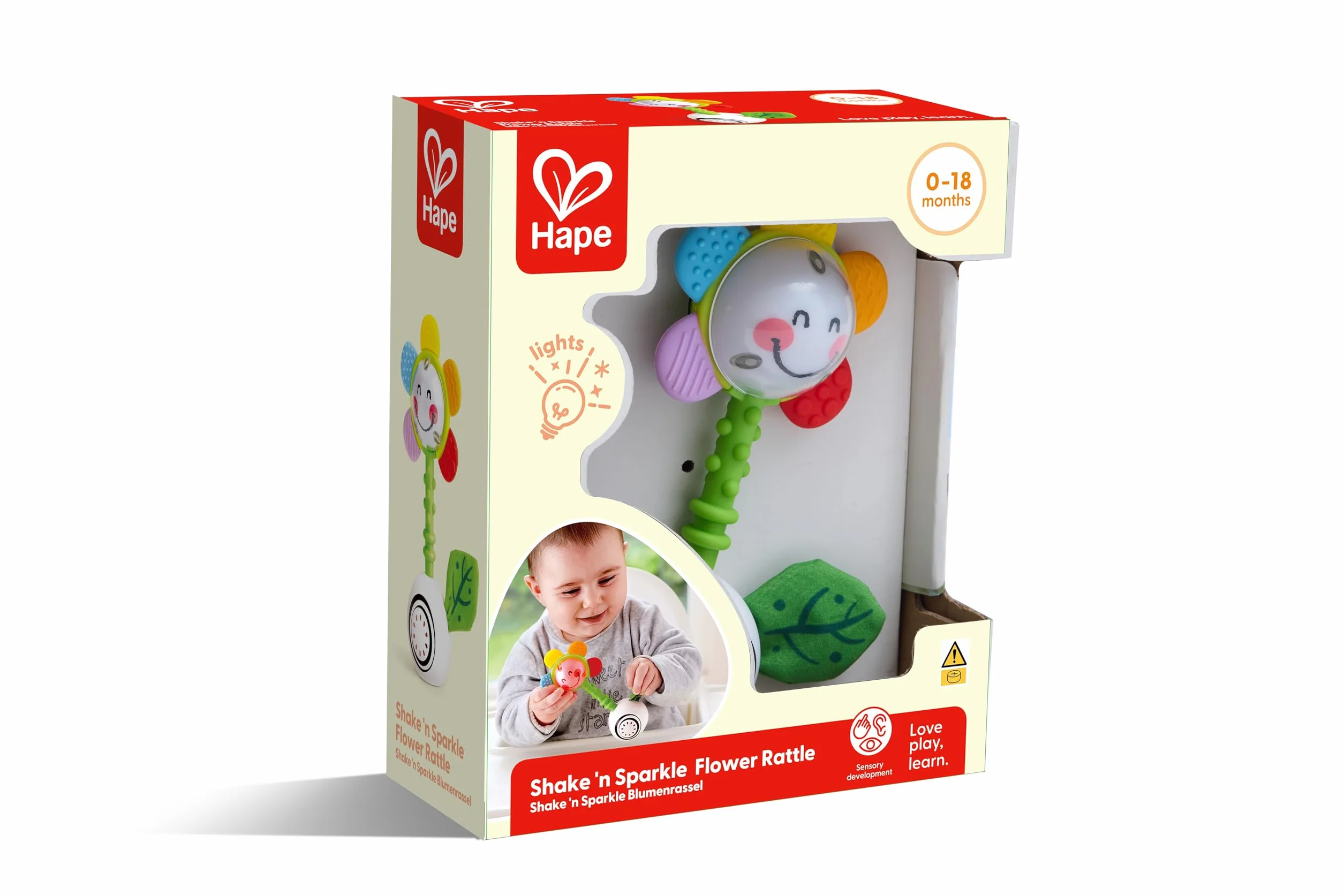 Hape Grzechotka w kształcie kwiatu Shake 'n Sparkle | zabawka multisensoryczna dla niemowląt | idealna dla dzieci od 0 miesiąca życia