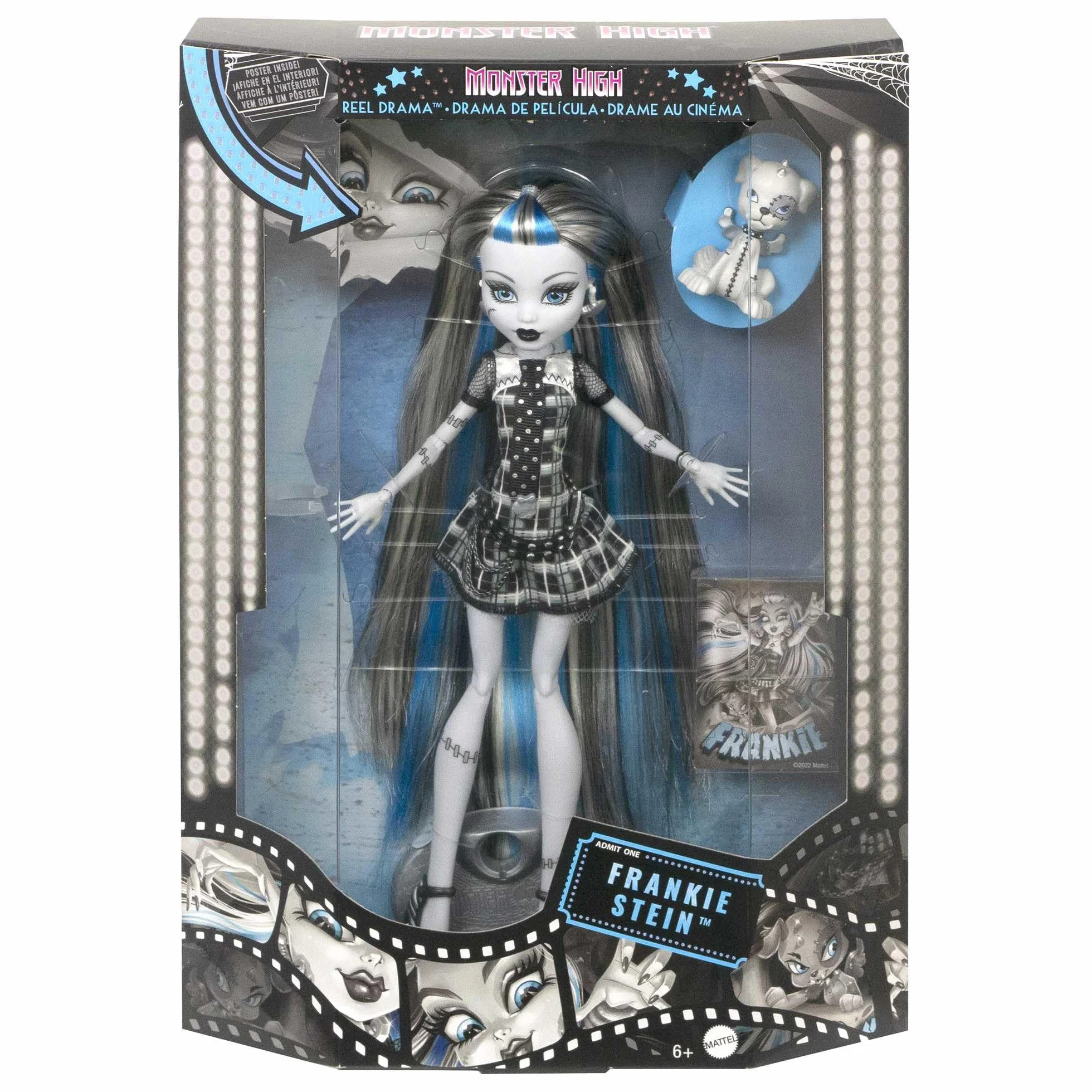 Monster High Reel Drama Straszny Seans Frankie Stein Lalka kolekcjonerska w czarno-białym stroju z motywem filmowym oraz miniplakatem i dużym plakatem, zabawka i prezent dla dzieci, HKN29