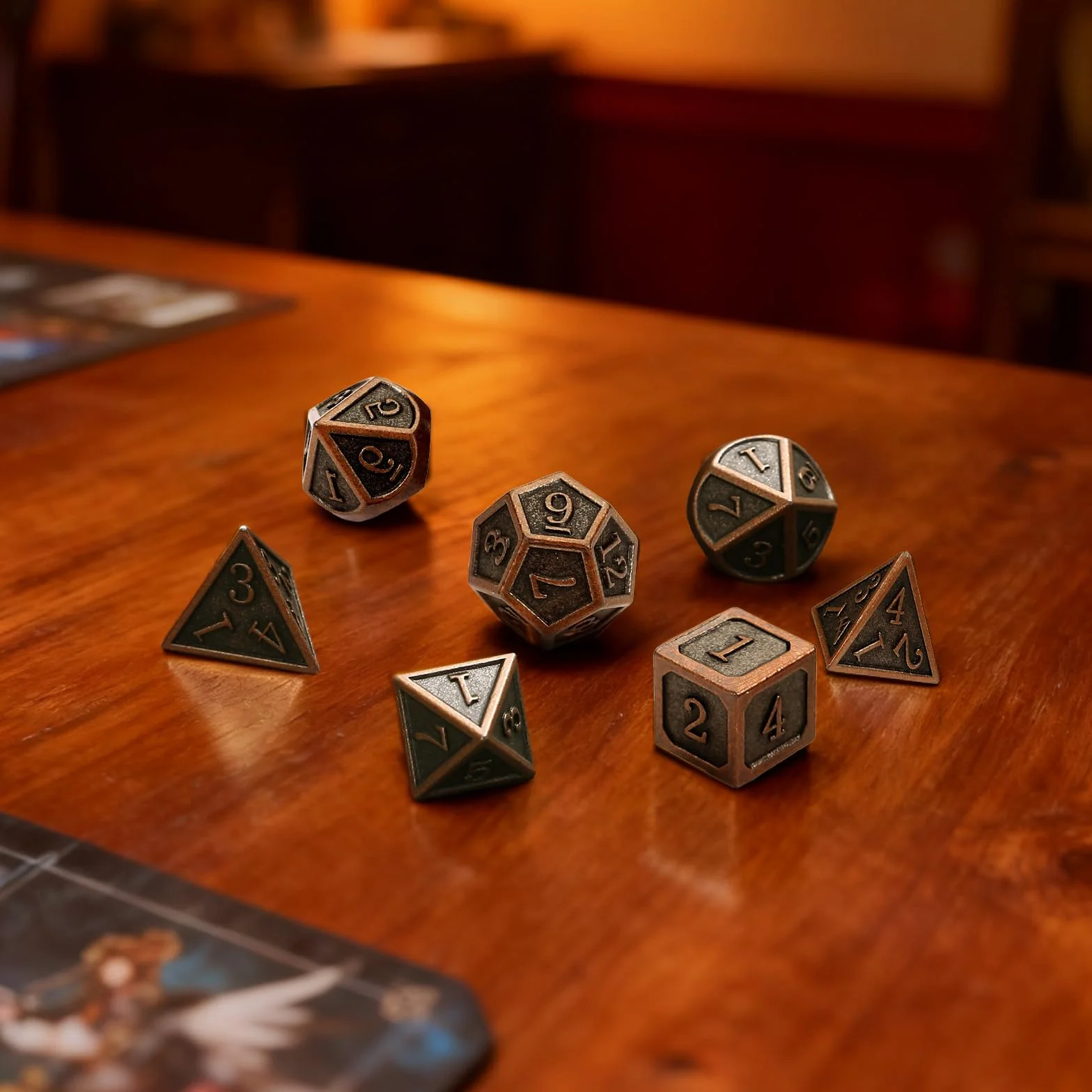 GWHOLE 7 sztuk wielościennych kostek metalowych do DND RPG MTG, antyczna miedź