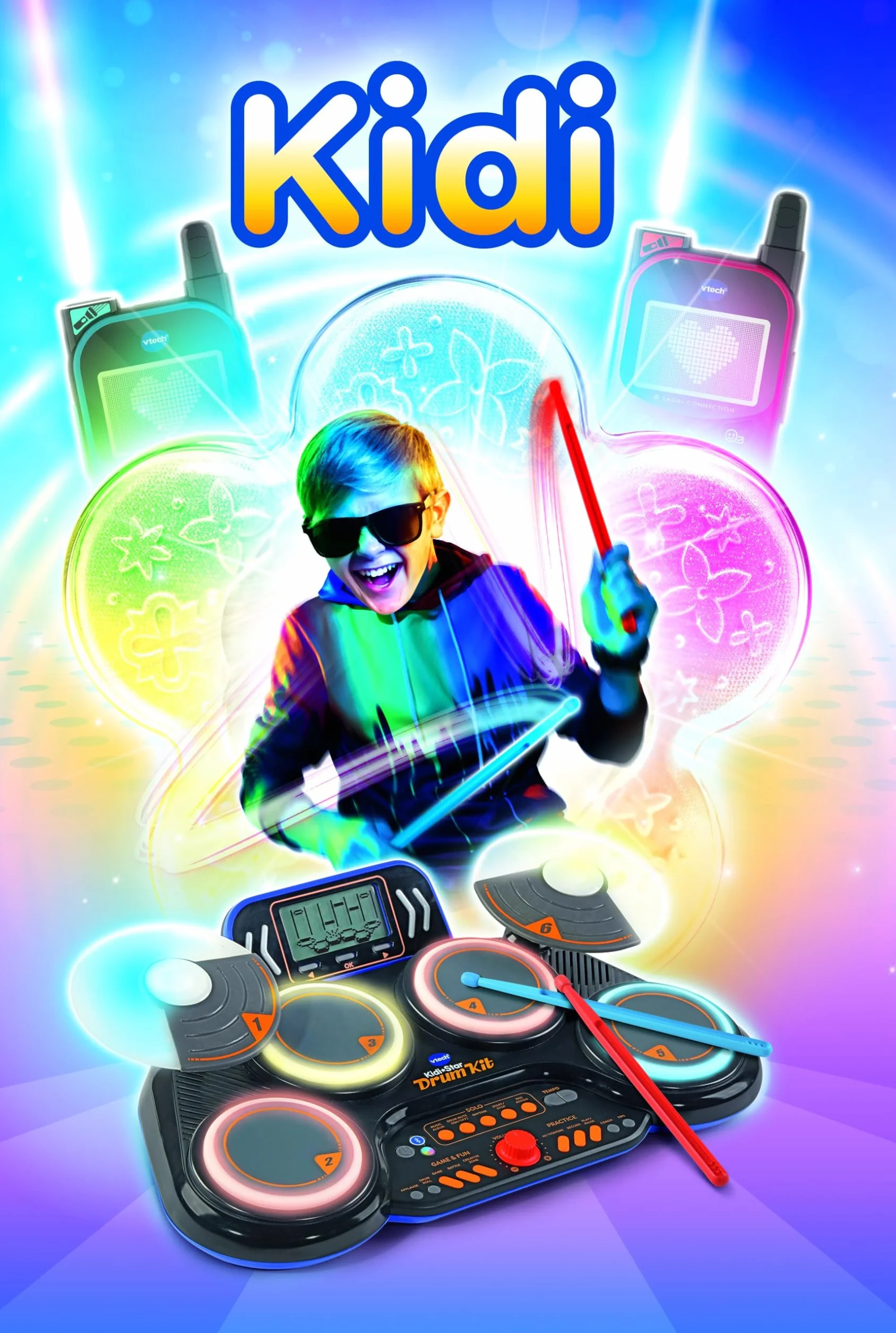 VTech Kidi DJ Drums, elektroniczny akumulator dla dzieci z podkładkami świecącymi, grami muzycznymi, trybem Bluetooth i wbudowanym mikrofonem, pałeczkami w zestawie, język włoski, baterie w zestawie,