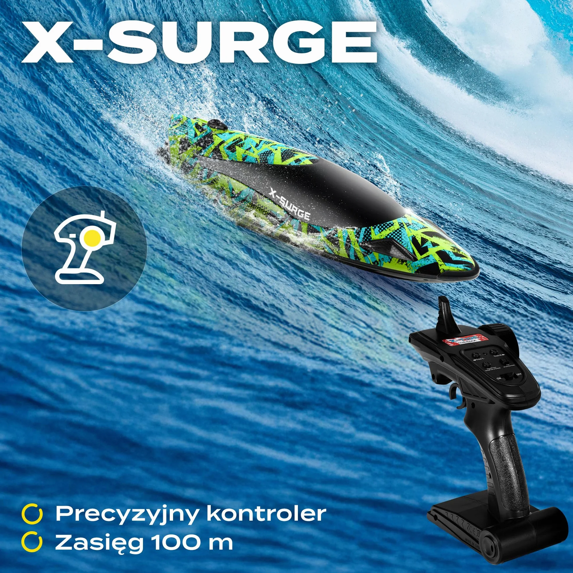 OVERMAX X-SURGE Zdalnie Sterowana Łódź Wyścigowa RC Motorówka ze Światłem LED 35 km/h Baterie 1200 mAh 30 min Zabawy Regulacja Prędkości Zasięg do 100 m, Zabawka na Basen i Jeziora