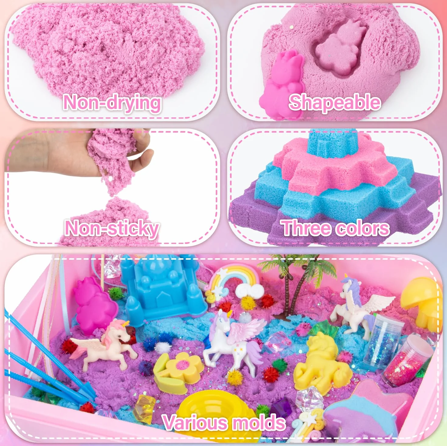 snookids Kolorowy magiczny piasek z naturalnego wosku pszczelego dla dzieci 690 g, zestaw piaskowy z 24 foremkami, 3 jednorożce, pudełko do przechowywania, sensoryczna zabawka dla dzieci 3, 4, 5, 6, 7